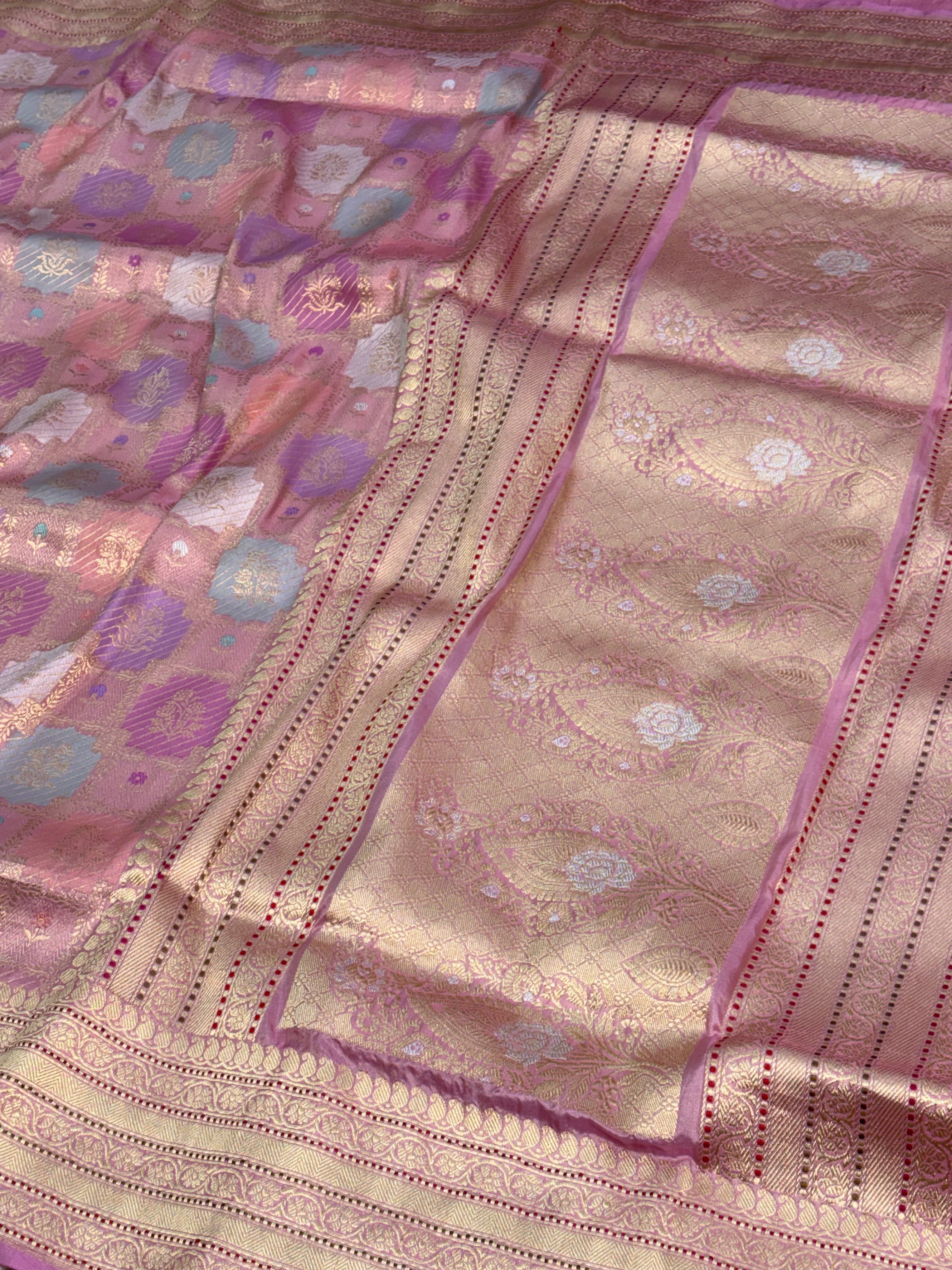 Pastel Rose Pink Banarasi Handwoven Pure Katan Silk Rangkaat Saree