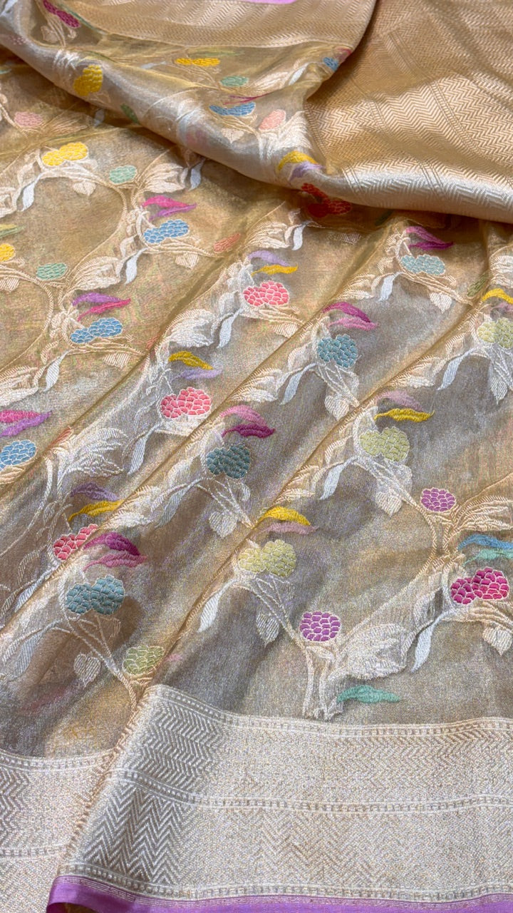 Gold Pure Banarasi Tissue Handprinted Saree