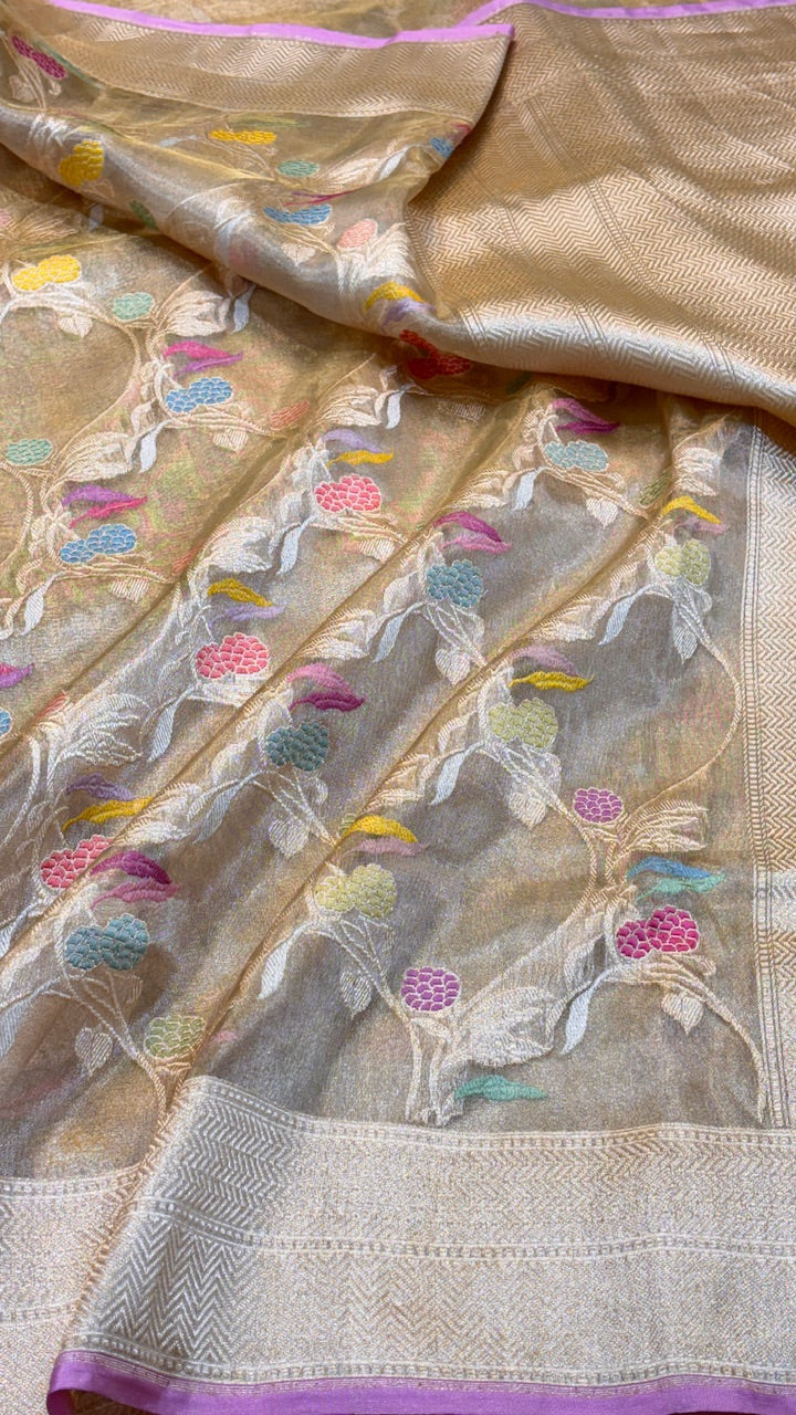 Gold Pure Banarasi Tissue Handprinted Saree