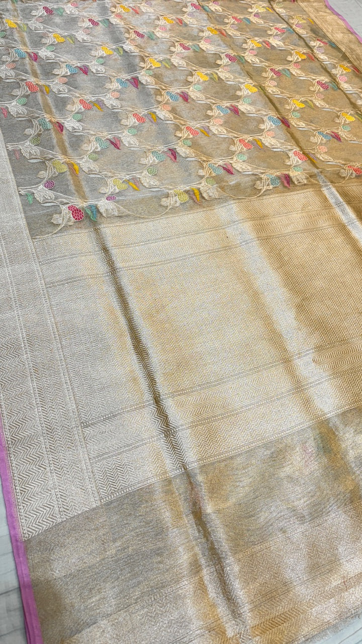 Gold Pure Banarasi Tissue Handprinted Saree