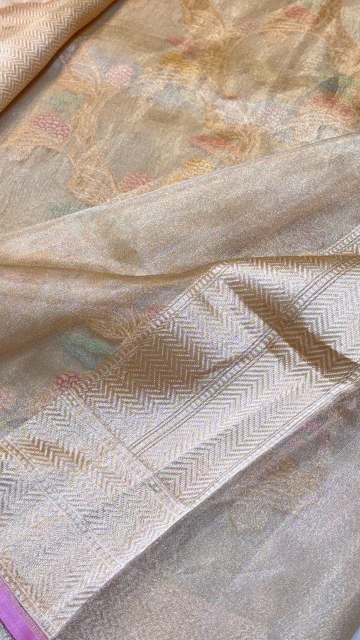 Gold Pure Banarasi Tissue Handprinted Saree