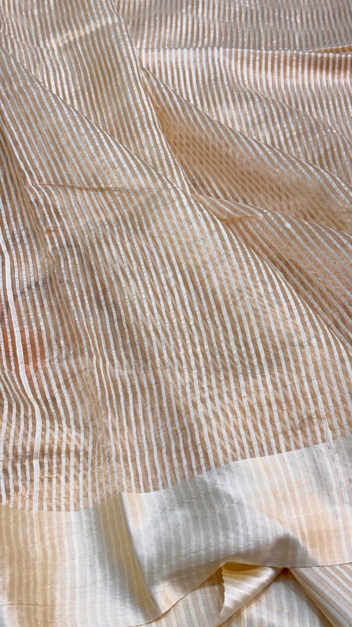 Golden Beige Striped Pattern Pure Banarasi Tissue Handprinted Saree with Satin Border