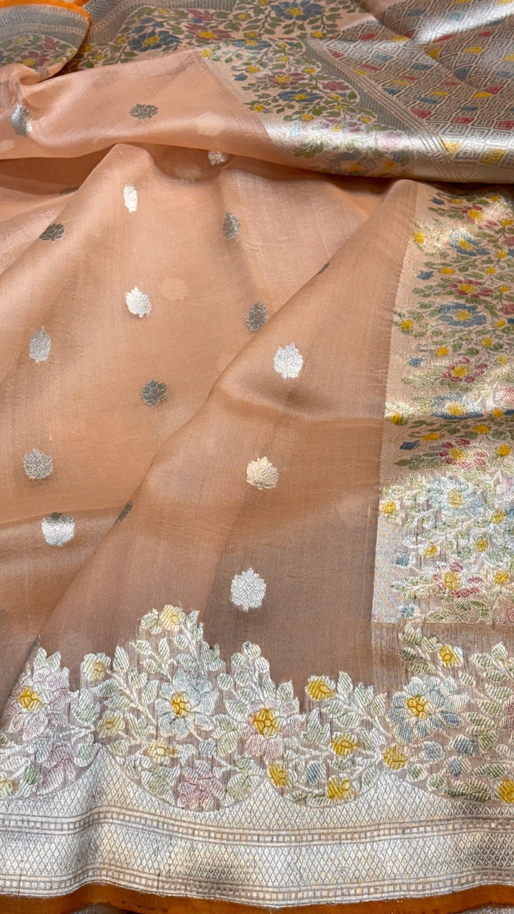 Peach Banarasi Kora Silk Saree