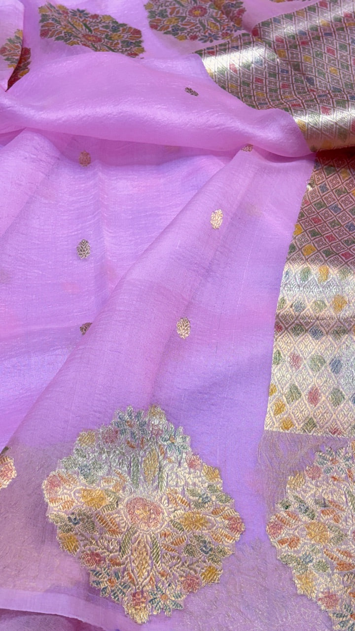 Pastel Pink Banarasi Kora Silk Saree