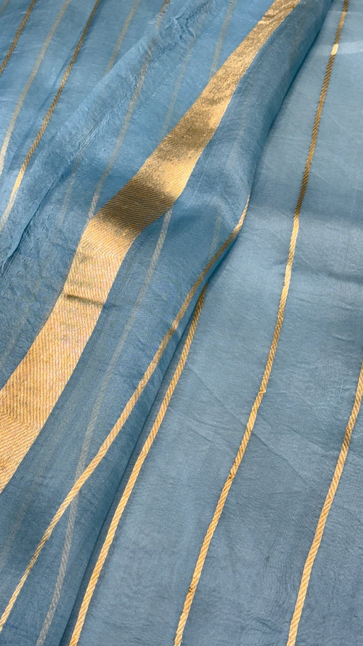 Dusty Sky Blue Banarasi Kora Silk Saree