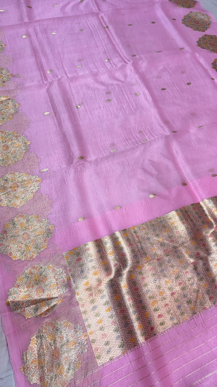 Pastel Pink Banarasi Kora Silk Saree