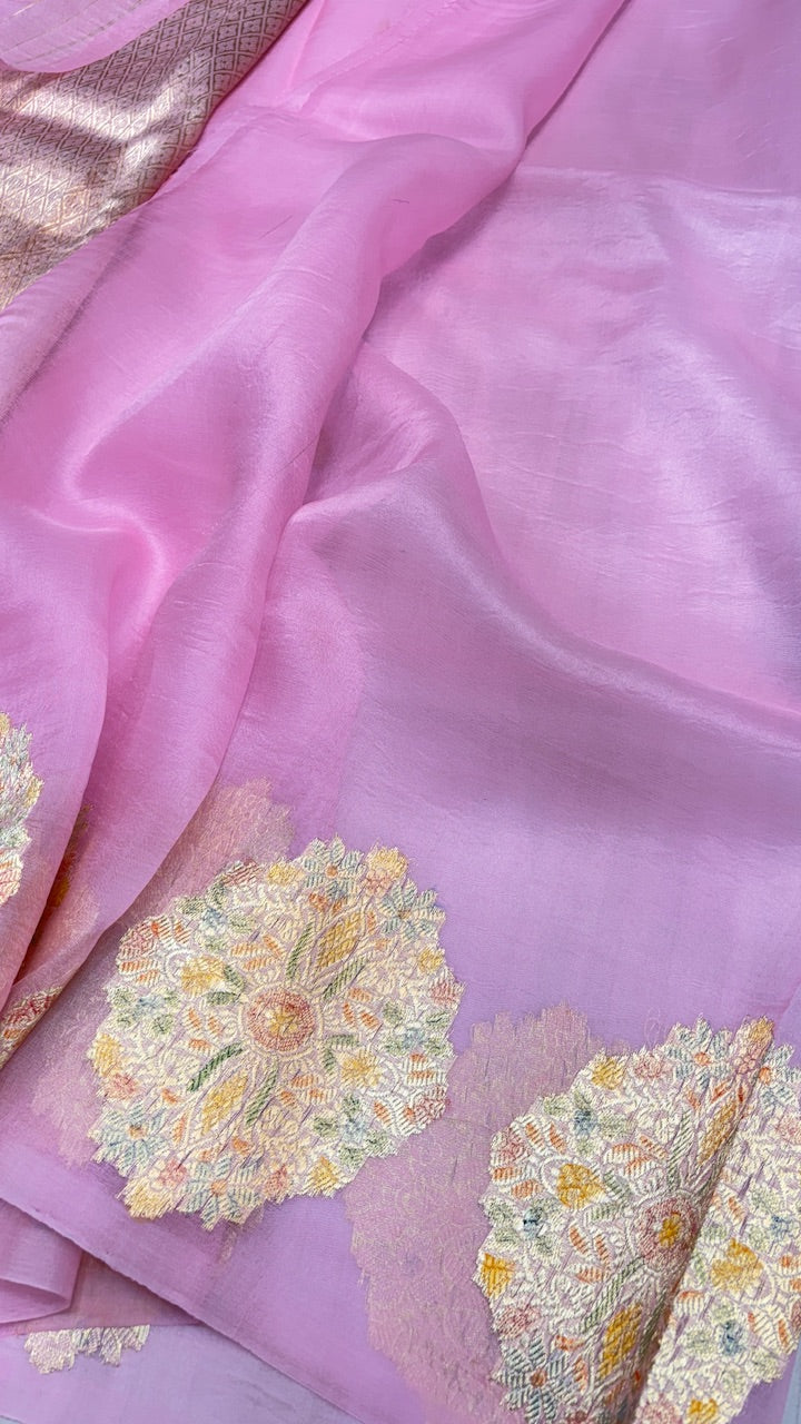 Pastel Pink Banarasi Kora Silk Saree