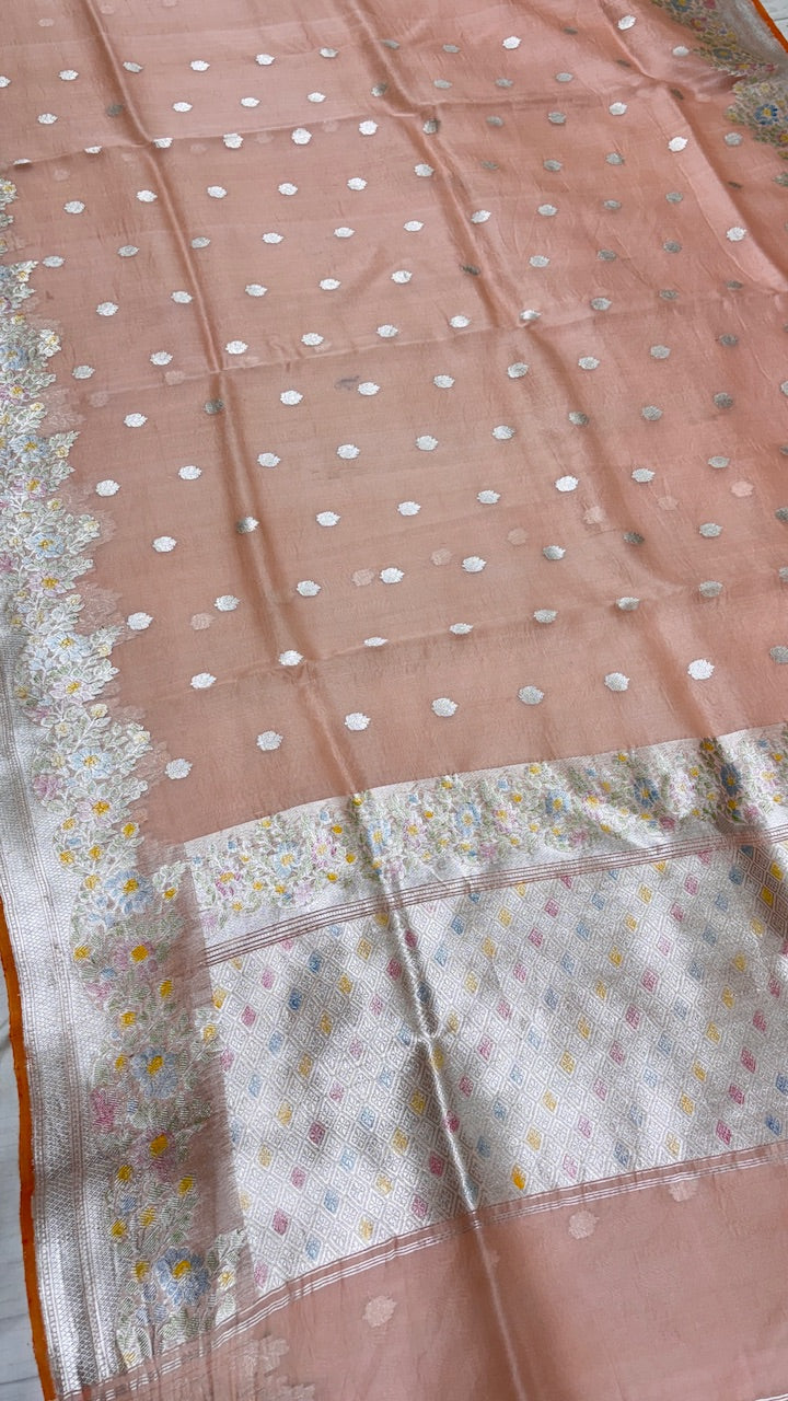 Peach Banarasi Kora Silk Saree