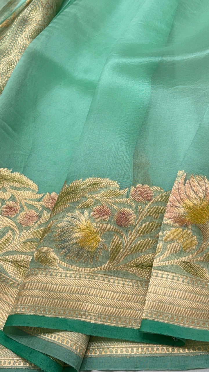 Mint Green Banarasi Kora Silk Saree