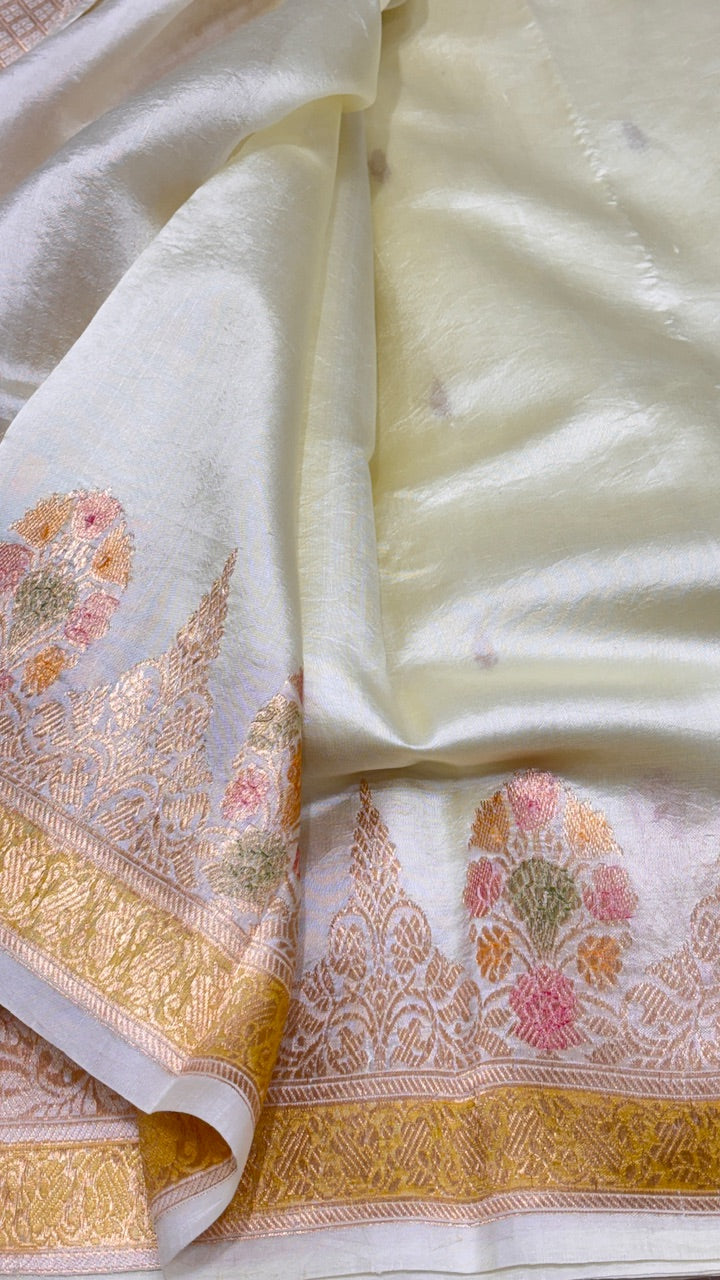 Pale Yellow Banarasi Kora Silk Saree