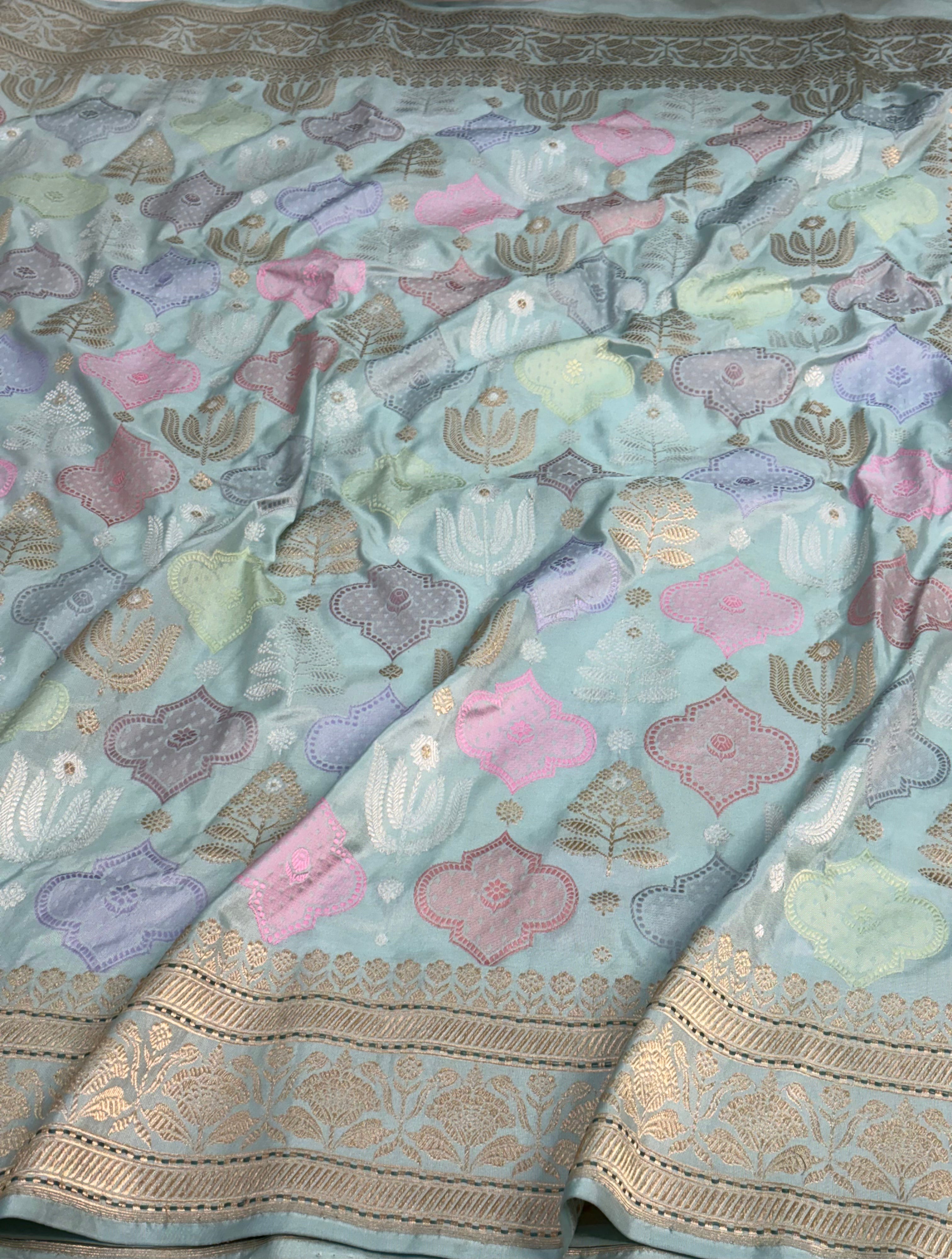 Teal Blue Pure Tissue Katan Silk Handwoven Banarasi Saree with Pastel Meenakari