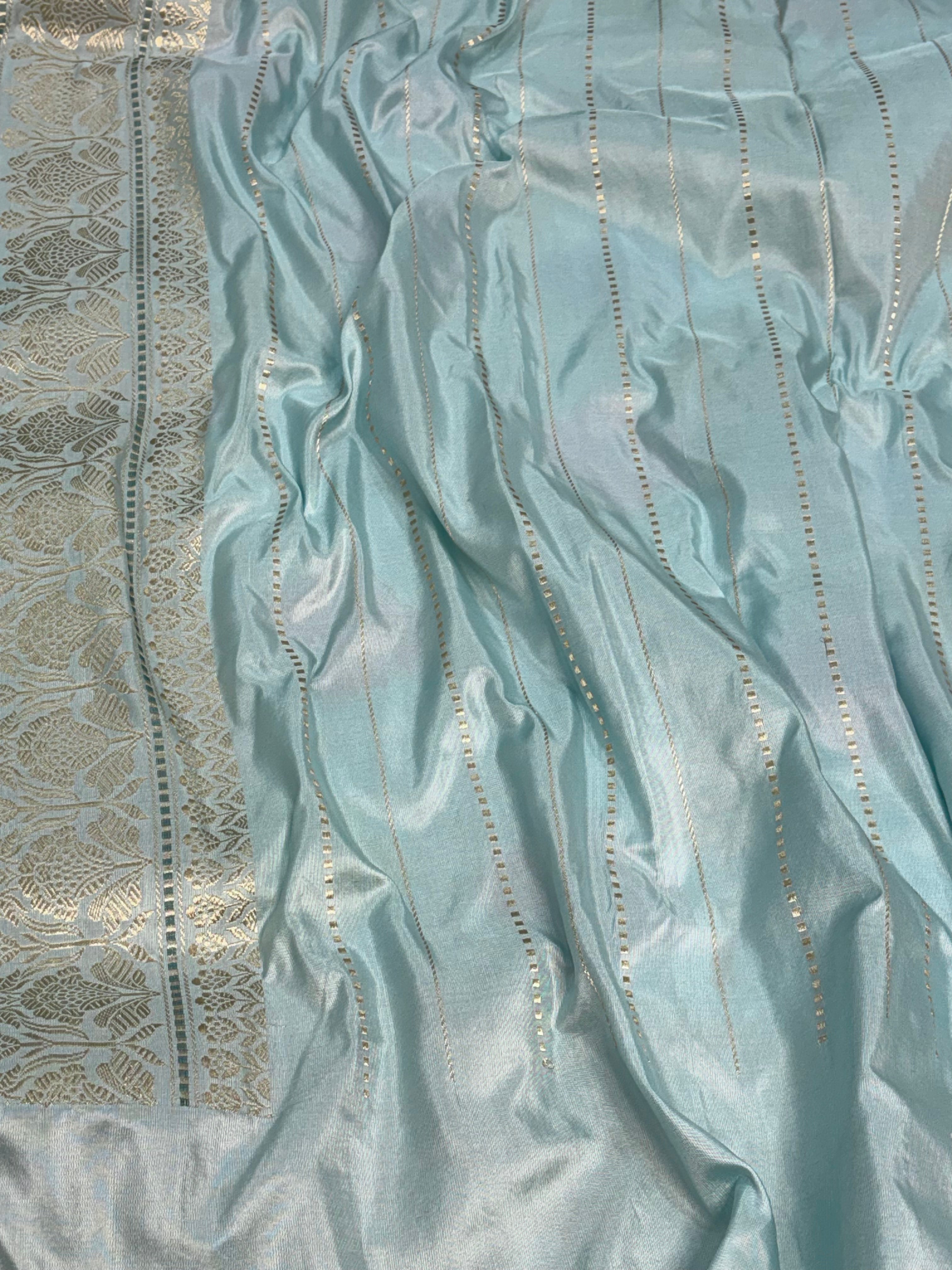 Teal Blue Pure Tissue Katan Silk Handwoven Banarasi Saree with Pastel Meenakari