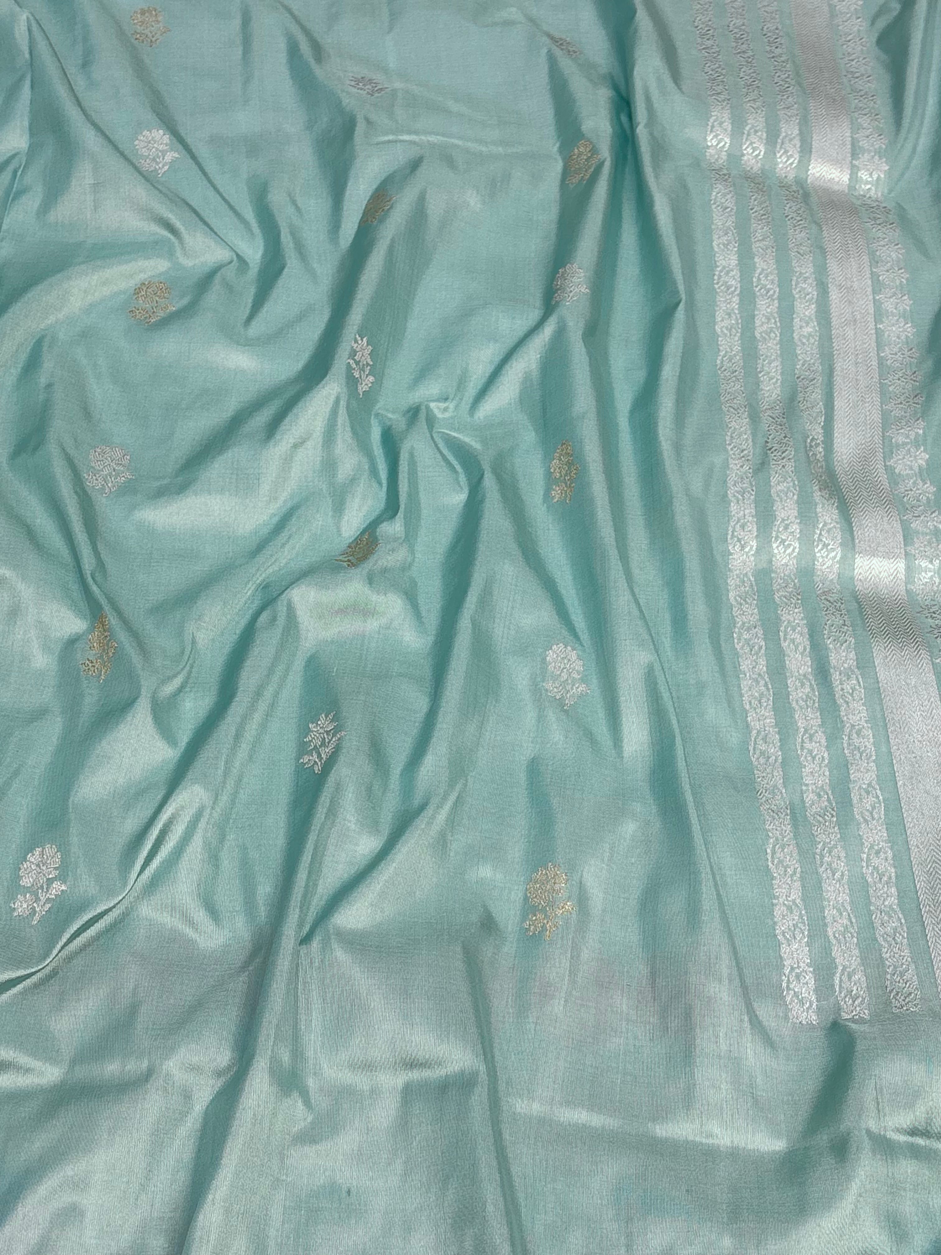 Teal Blue Pure Katan Silk Handwoven Banarasi Saree with Multicolor Meenakari Skirt Border