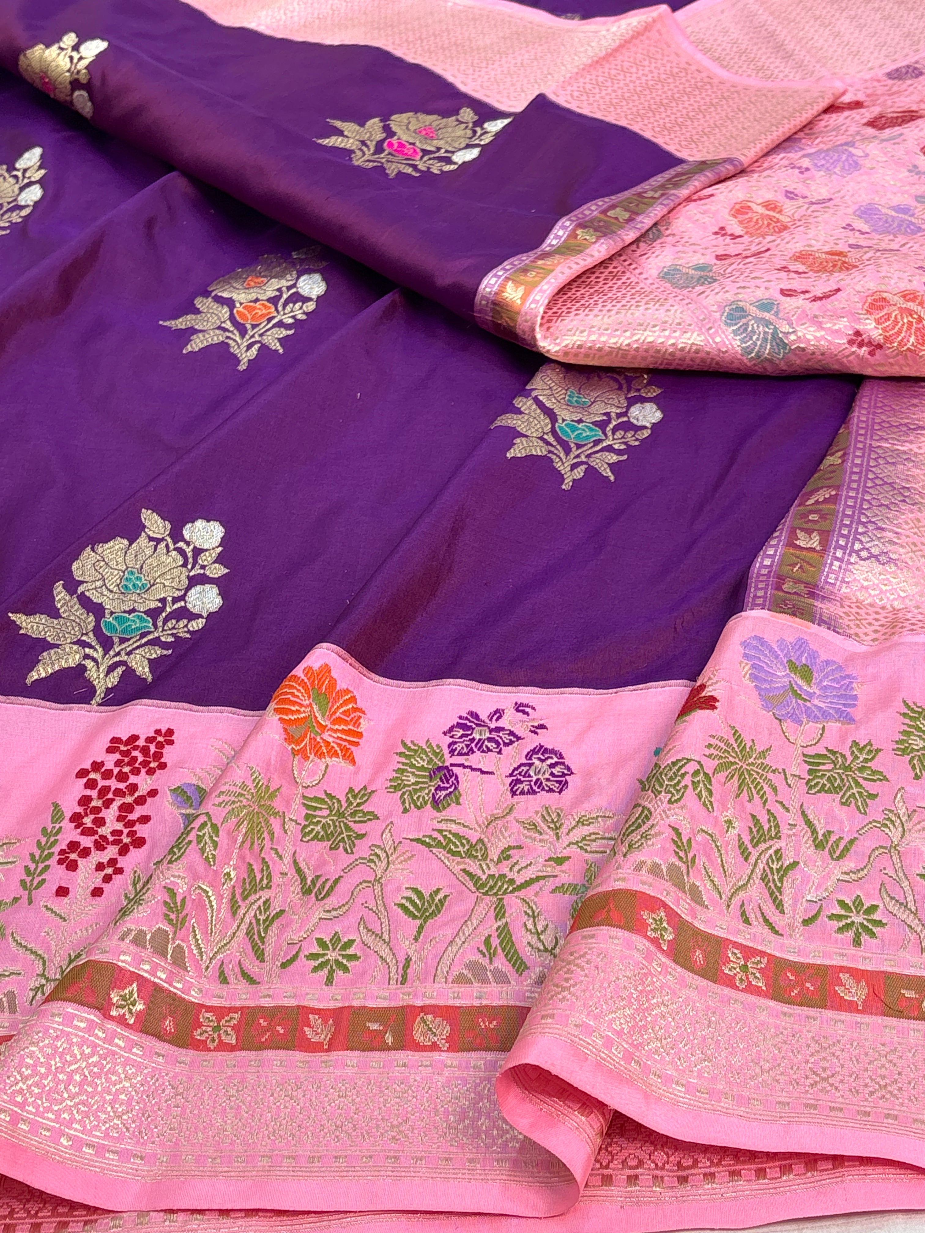 Purple Pure Katan Silk Handwoven Banarasi Saree with Baby Pink Kadhial Border
