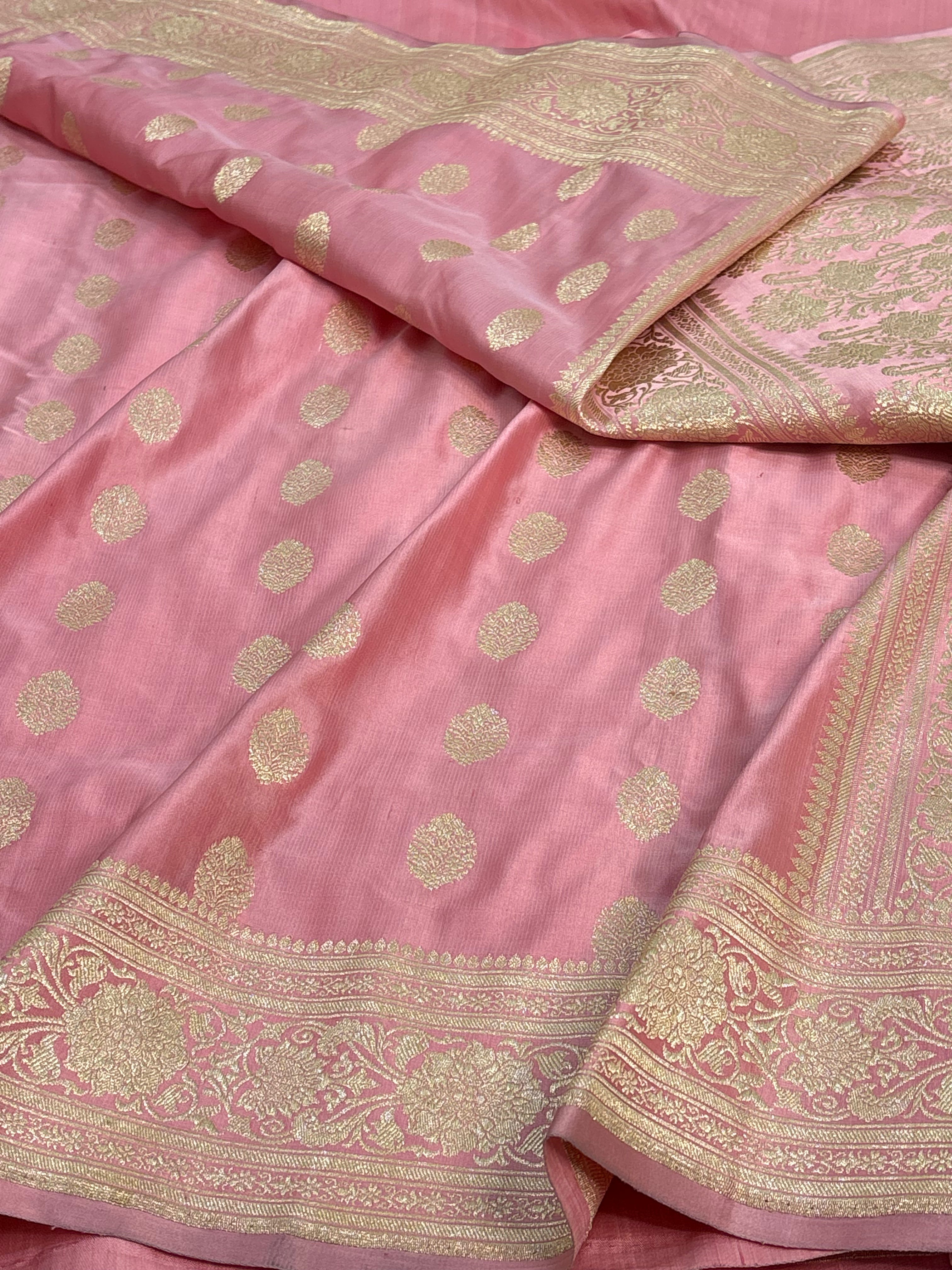 Baby Pink Pure Satin Silk Handwoven Banarasi Saree with Golden Zari Work
