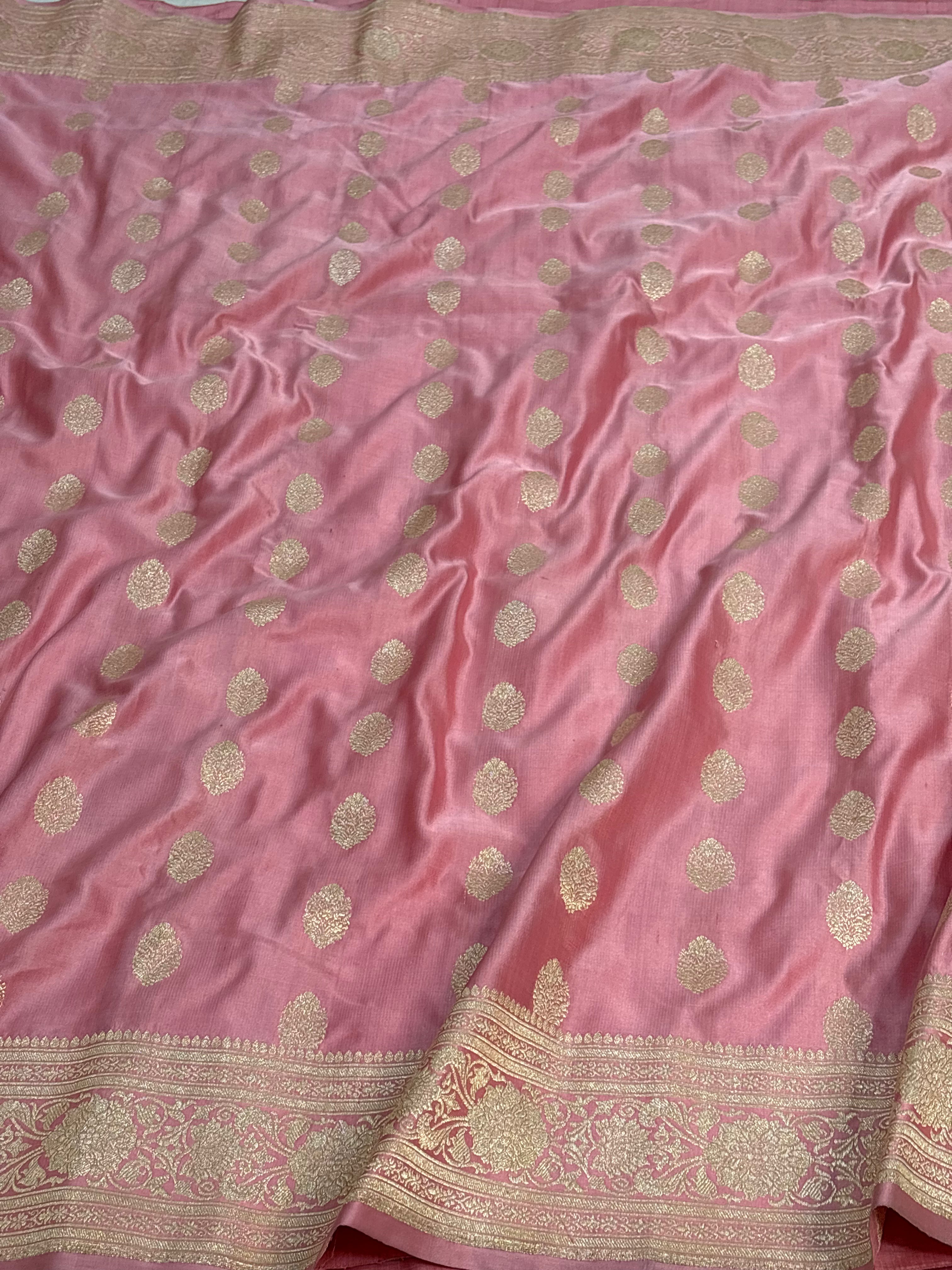 Baby Pink Pure Satin Silk Handwoven Banarasi Saree with Golden Zari Work