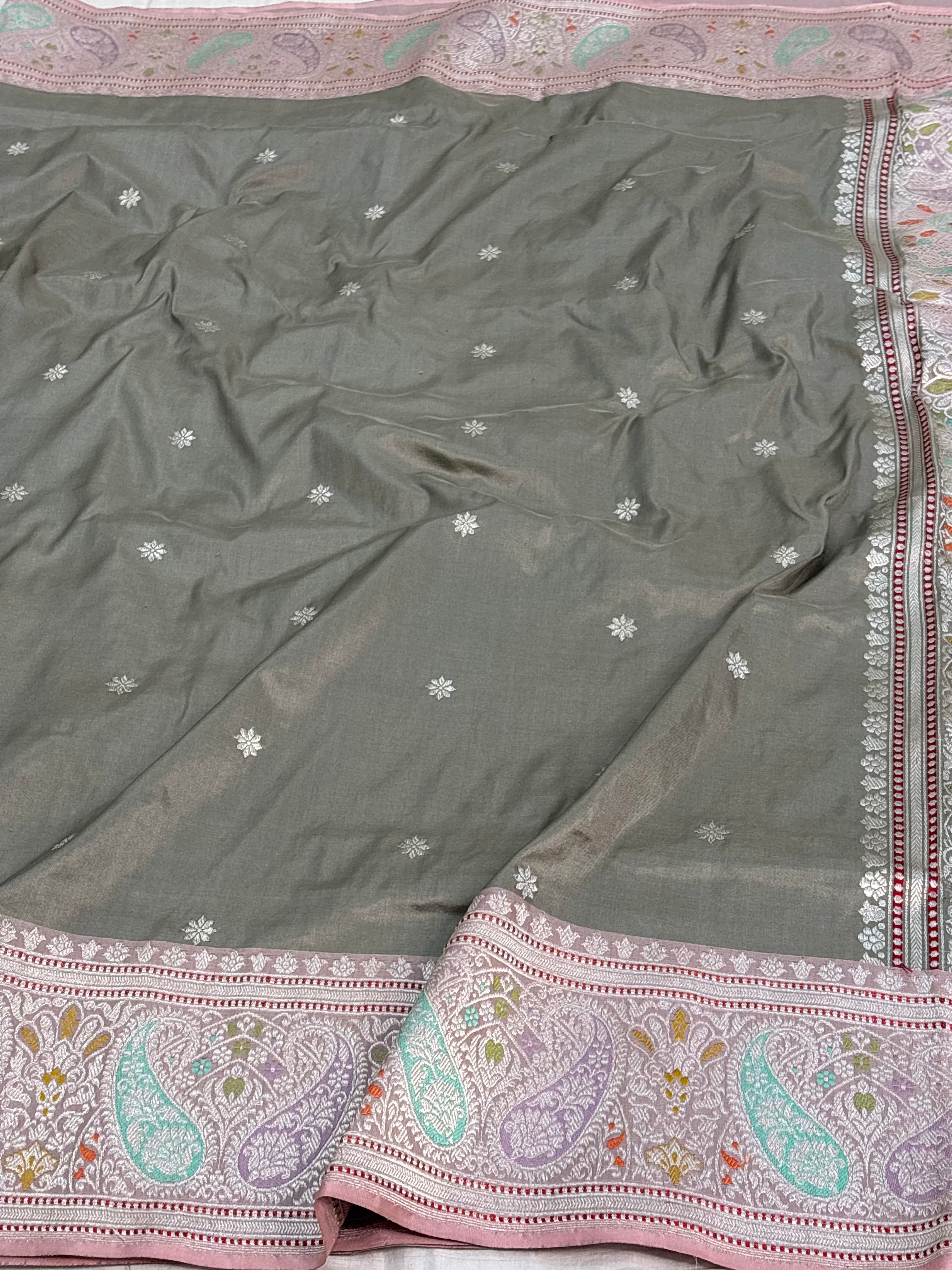 Grey Pure Katan Silk Handwoven Banarasi Saree with Both Side Meenakari Border and Pallu