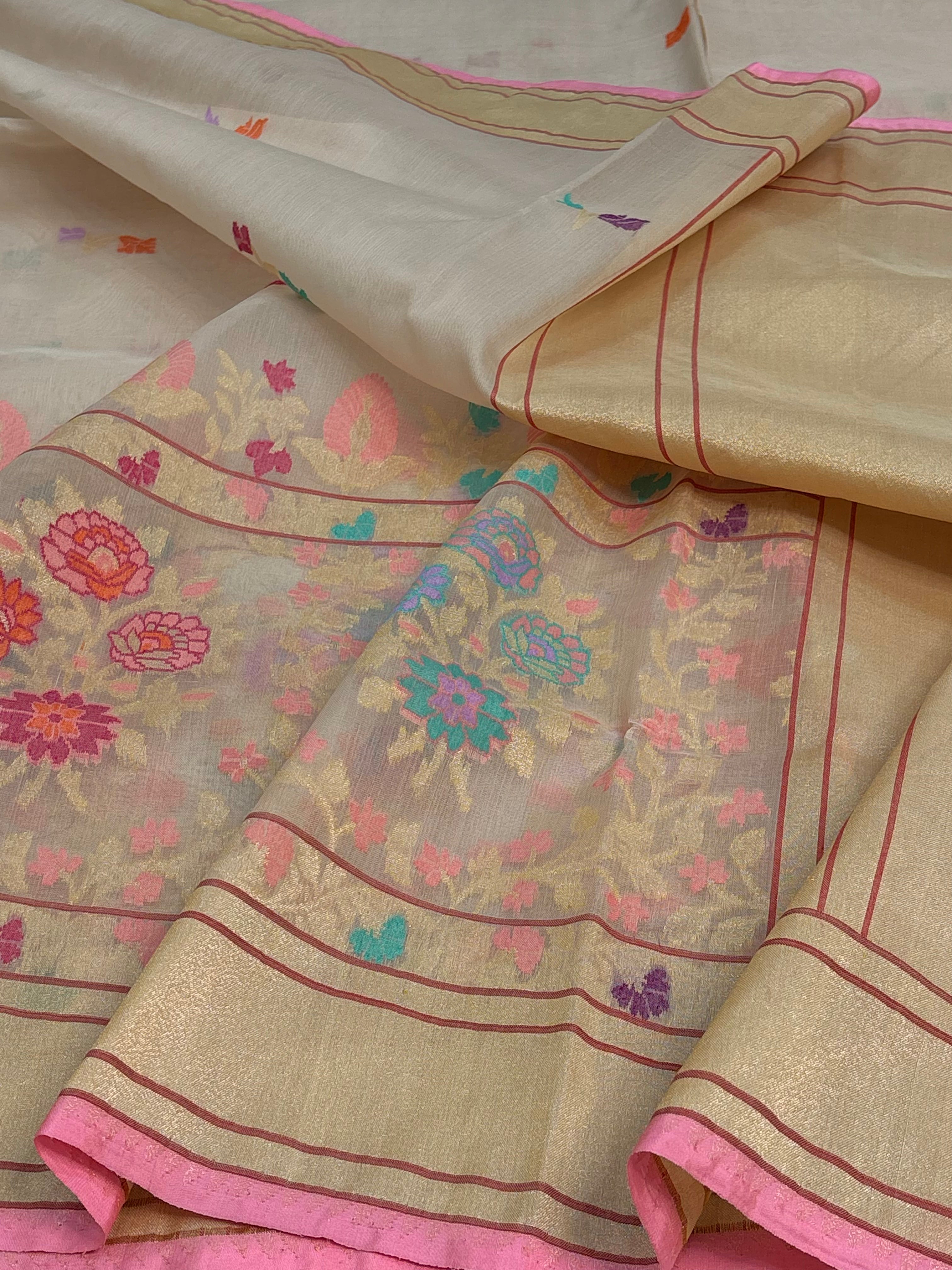 Beige Gold Pure Kora Ektara Jamdani Banarasi Saree with Meenakari Skirt Border