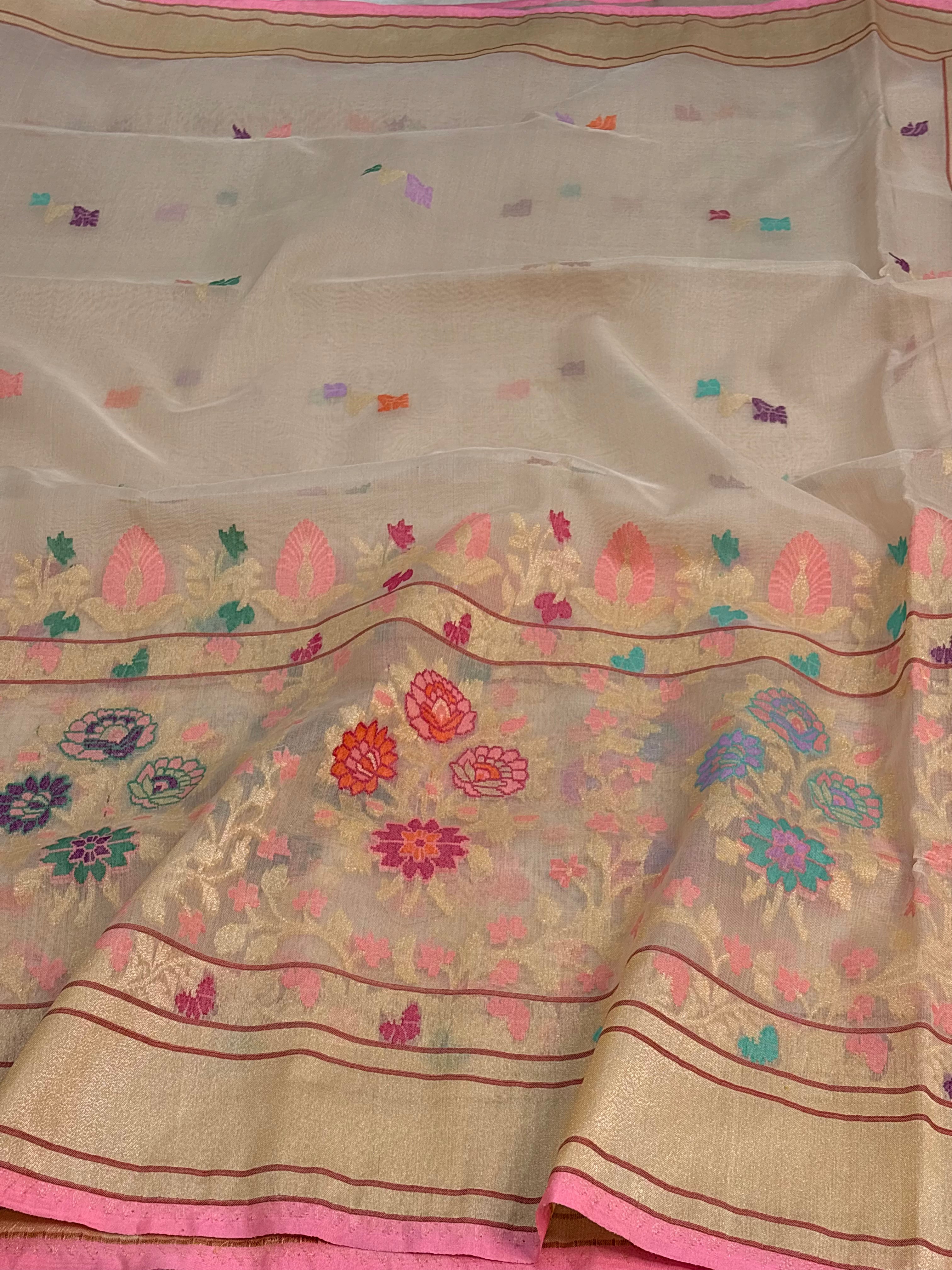 Beige Gold Pure Kora Ektara Jamdani Banarasi Saree with Meenakari Skirt Border