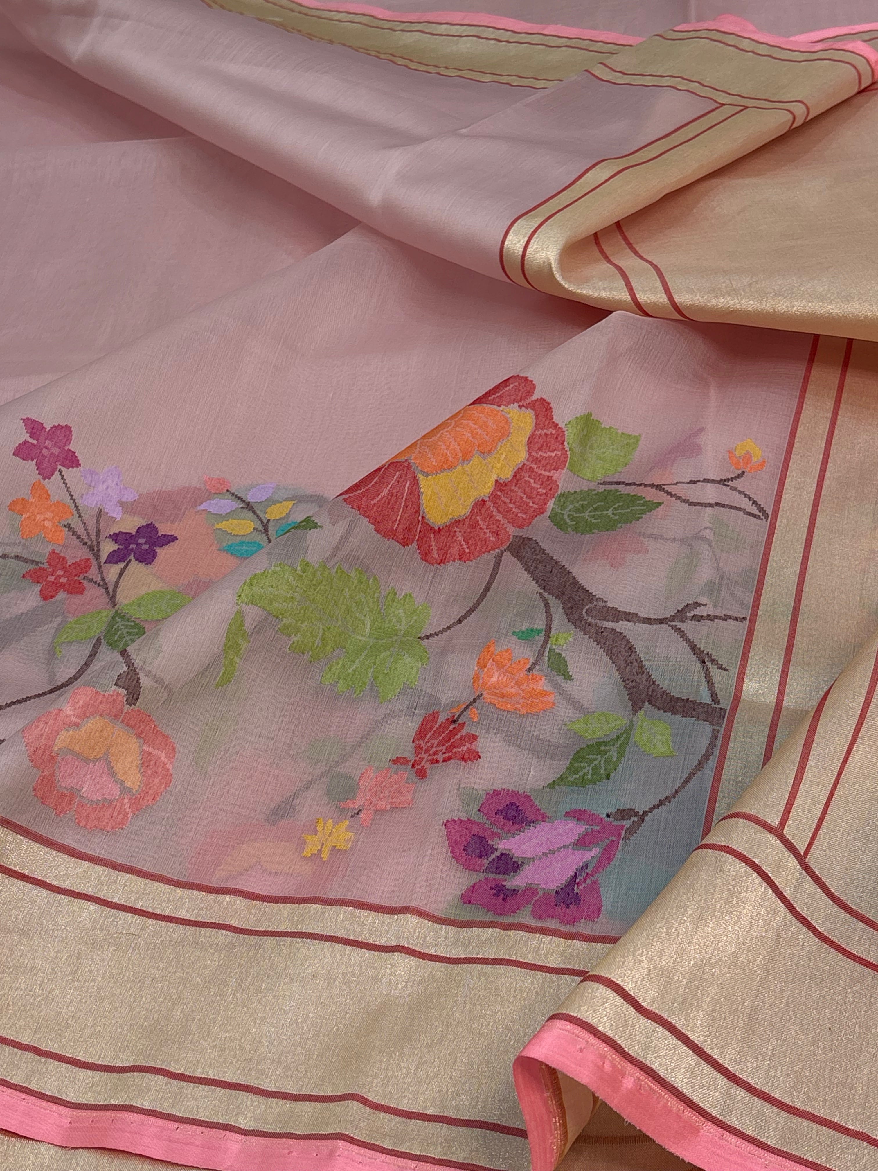 Baby Pink Pure Kora Ektara Jamdani Saree with Multicolor Minakari Skirt Border