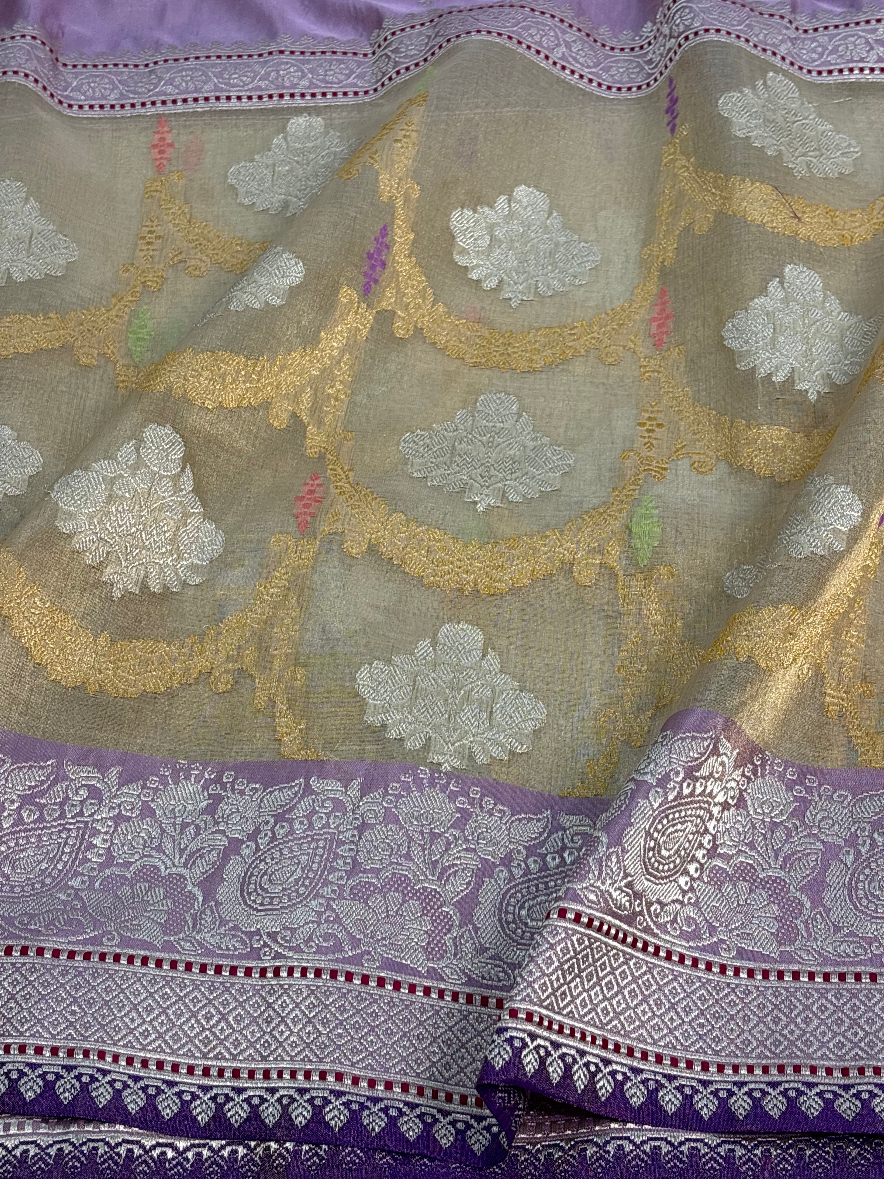Lavender Pure Tissue Katan Silk Saree with Ivory Jaal Border