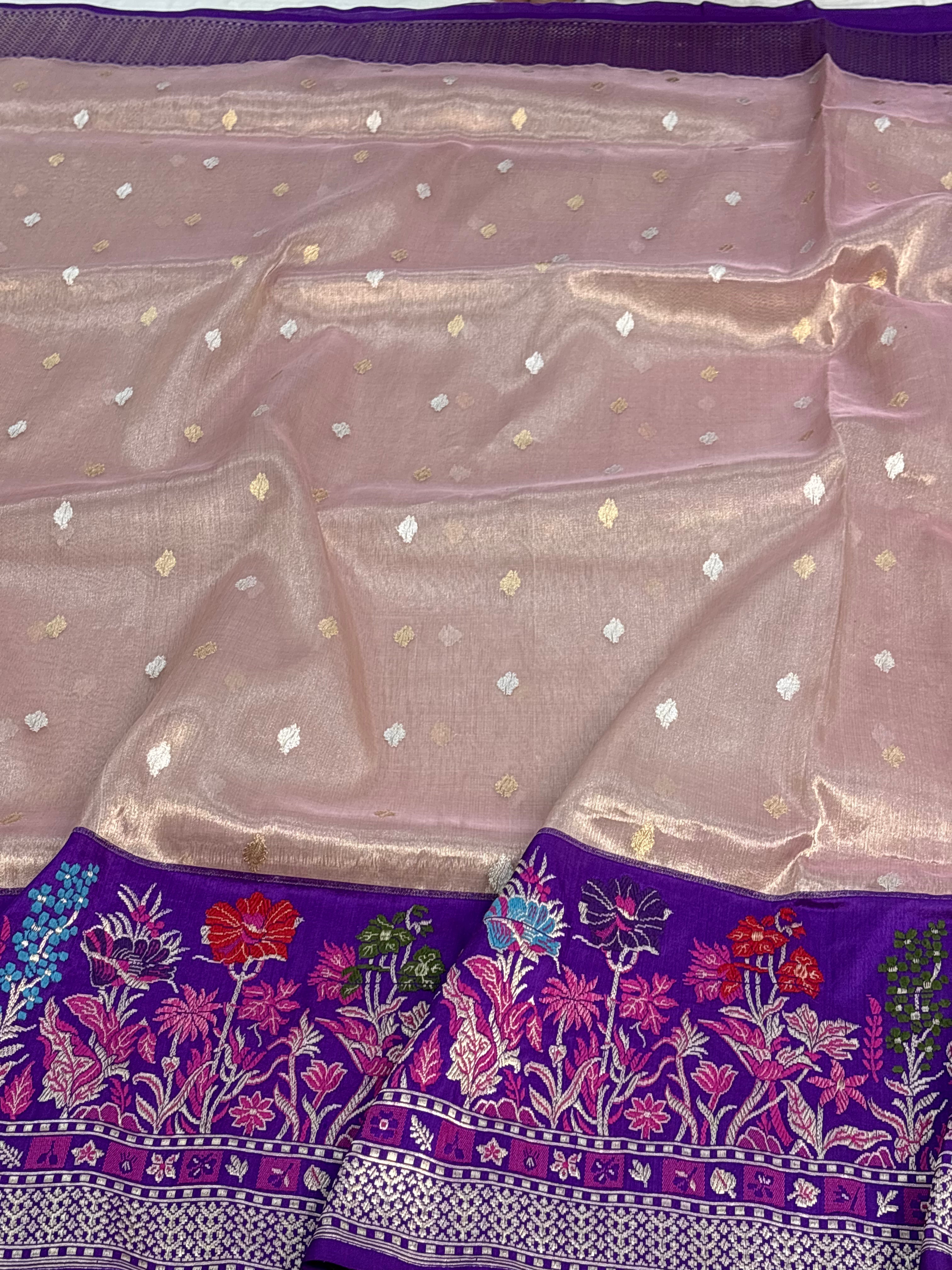 Pinkish Gold Tissue Handwoven Banarasi Saree with Purple Minakari Border