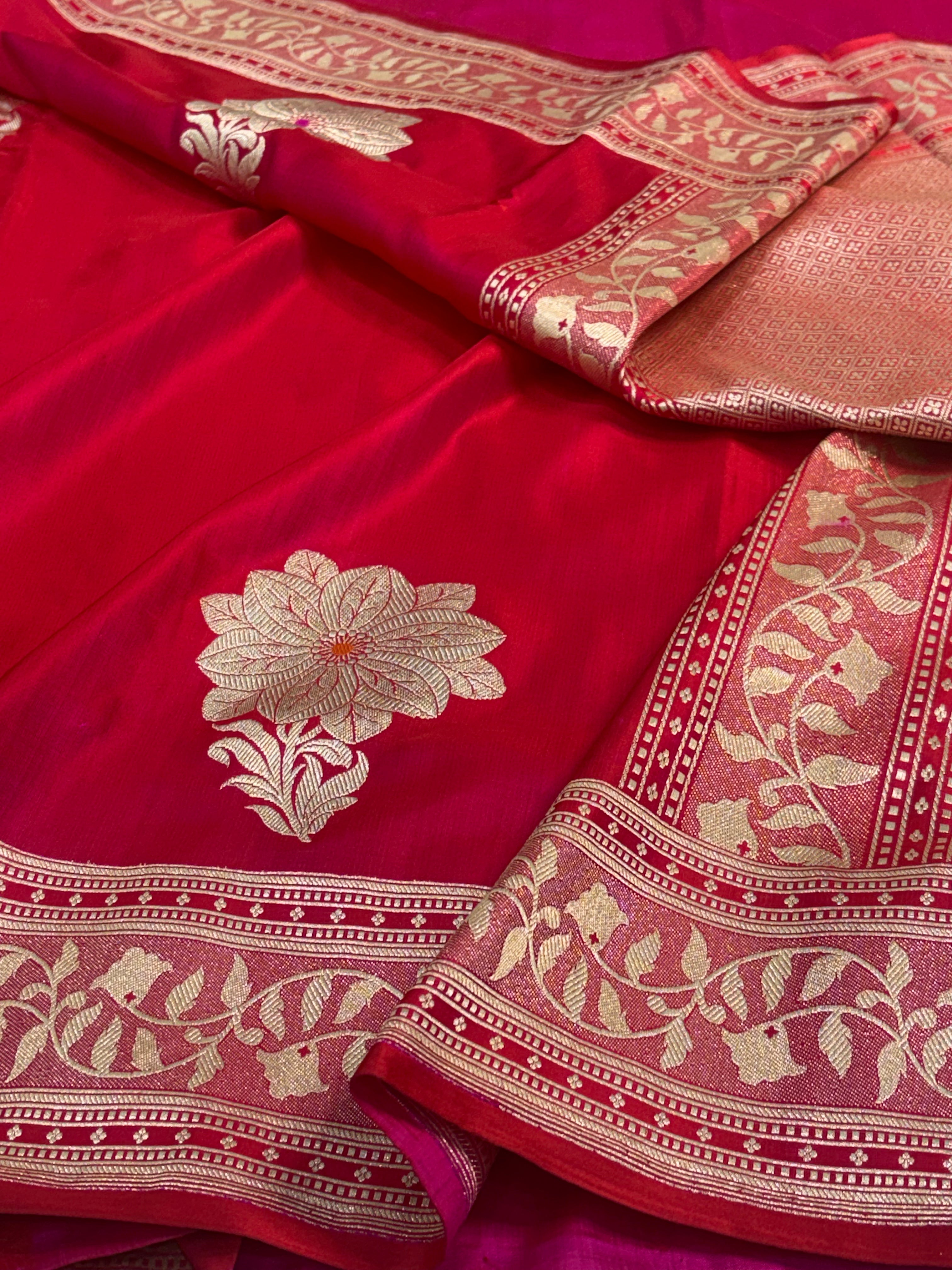 Ruby Red Pure Satin Silk Handwoven Banarasi Saree with Golden Zari Boota