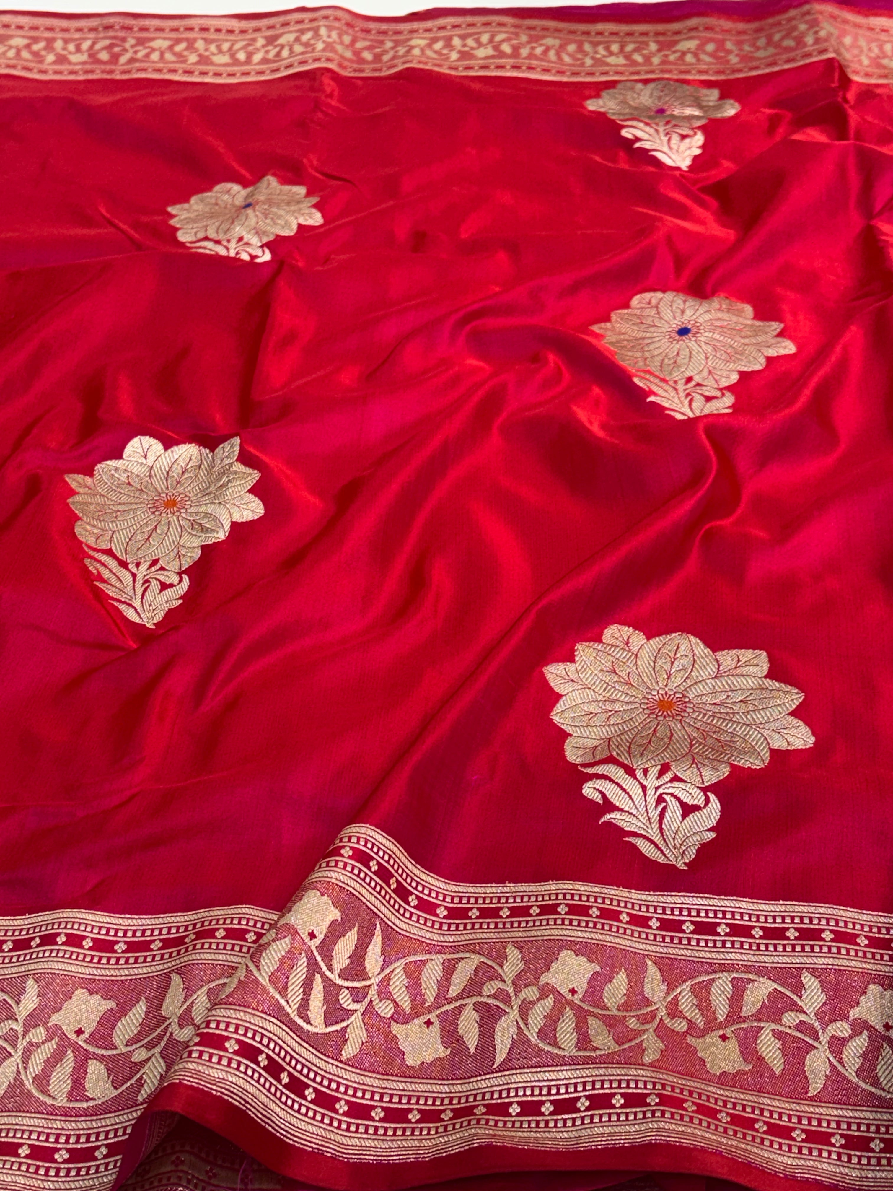 Ruby Red Pure Satin Silk Handwoven Banarasi Saree with Golden Zari Boota