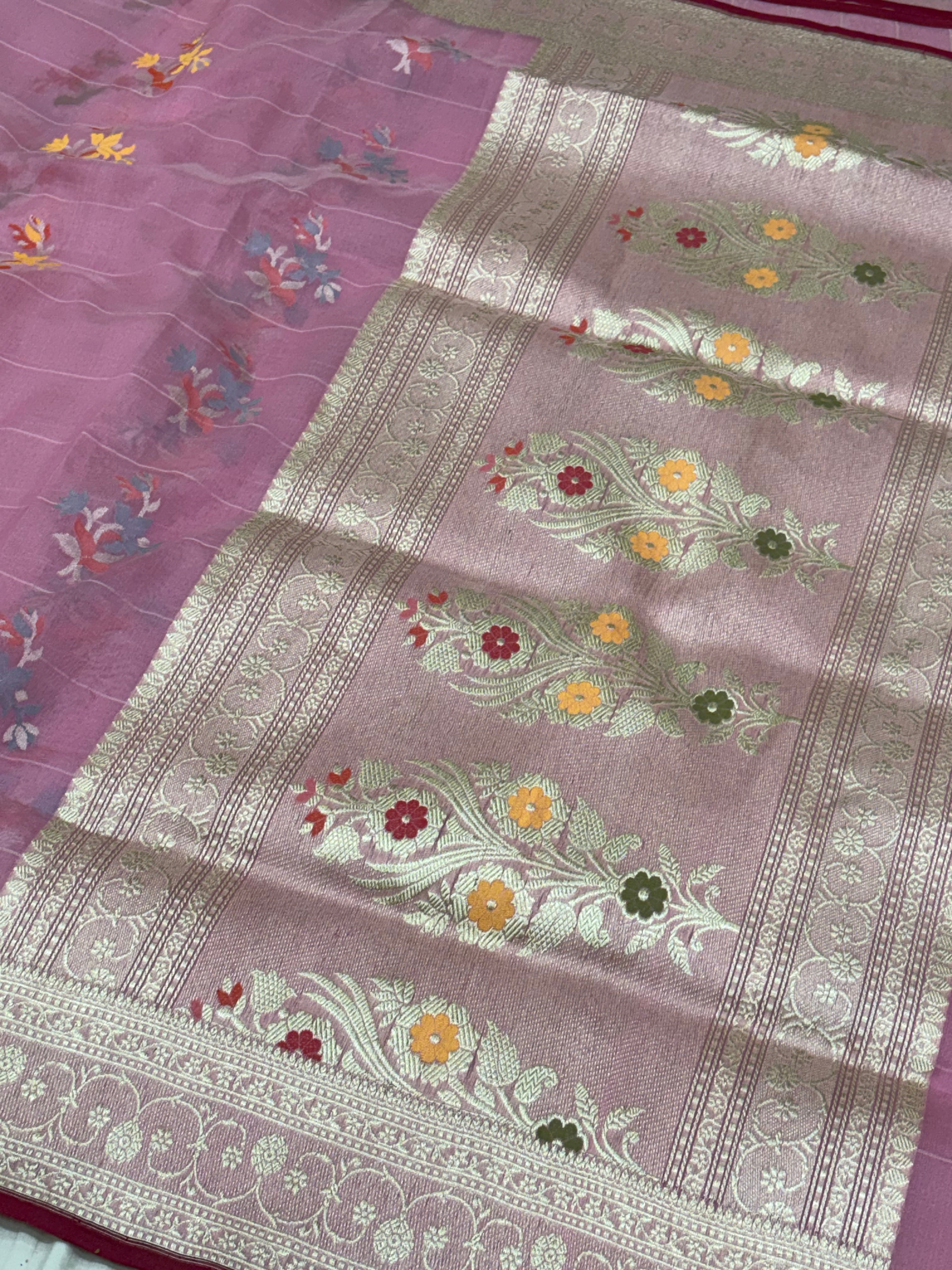 Baby Pink Pure Kora Ektara Jamdani Boota Banarasi Saree with Golden Zari Border
