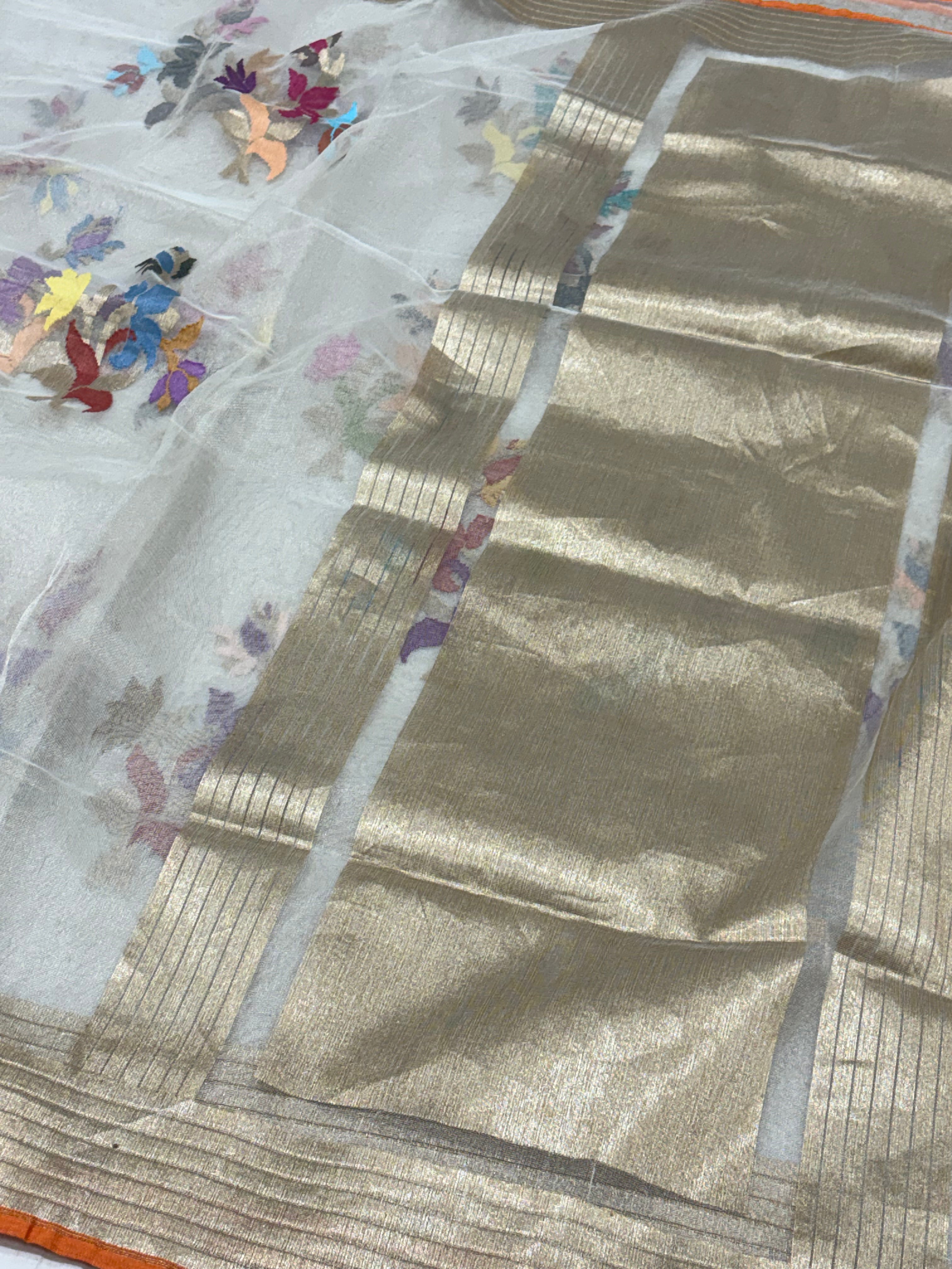 Ivory White Pure Tissue Banarasi Saree with Multicolor Jamdani Boota