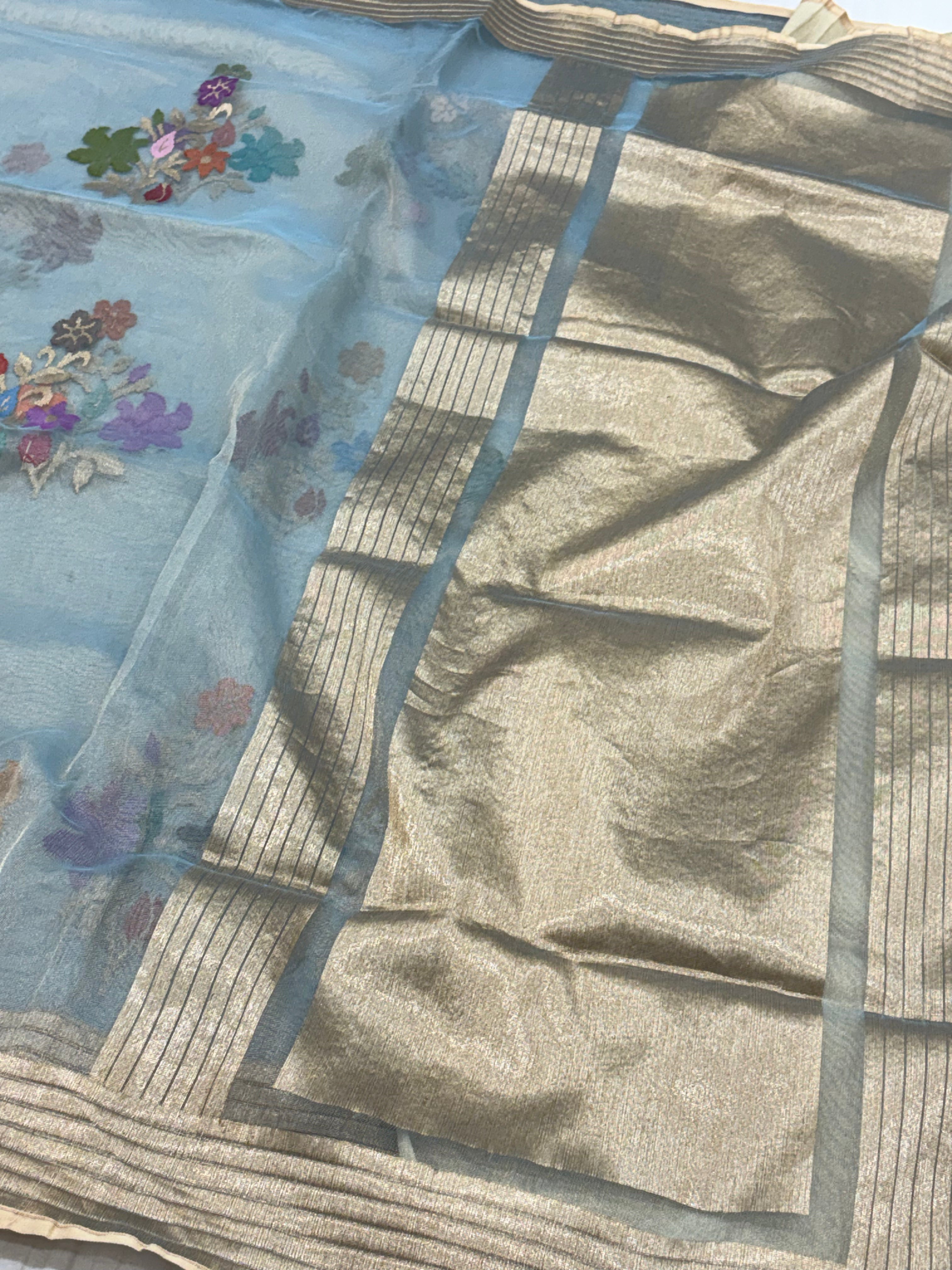 Teal Blue Pure Tissue Silk Banarasi Saree with Jamdani Minakari Boota
