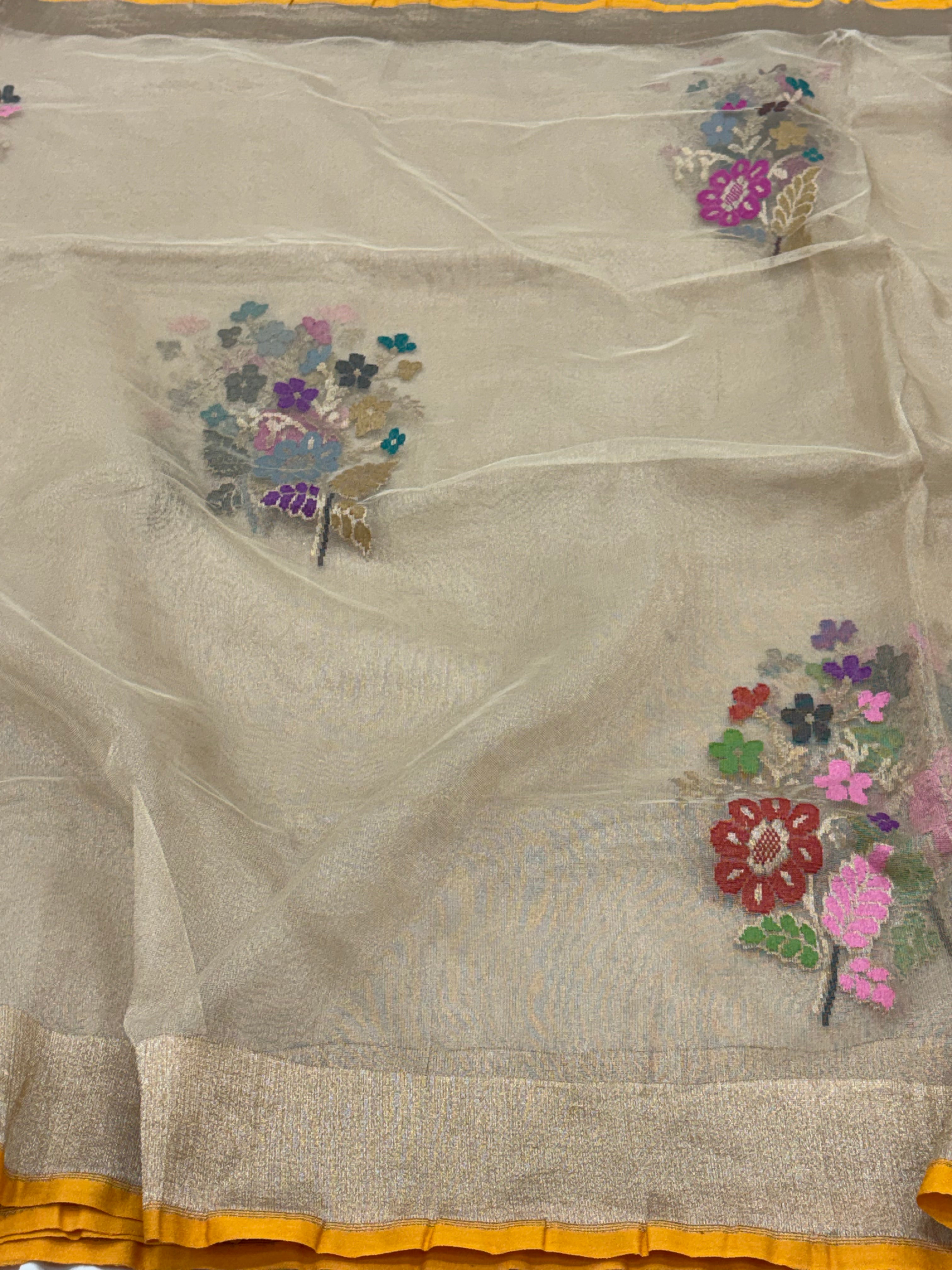 Golden Pure Tissue Banarasi Saree with Multicolor Jamdani Boota