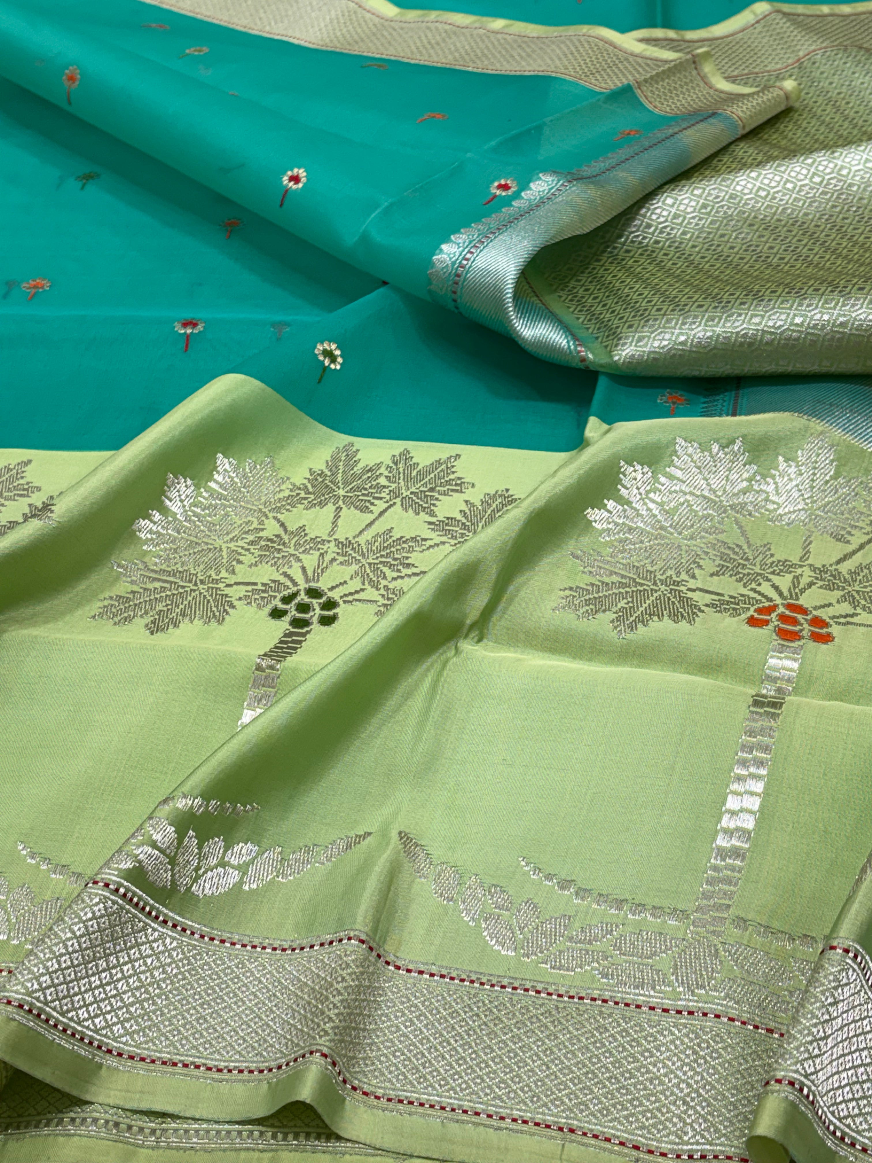 Green Pure Kora Ektara Banarasi Saree with Katan Silk Kadhial Palm Tree Border