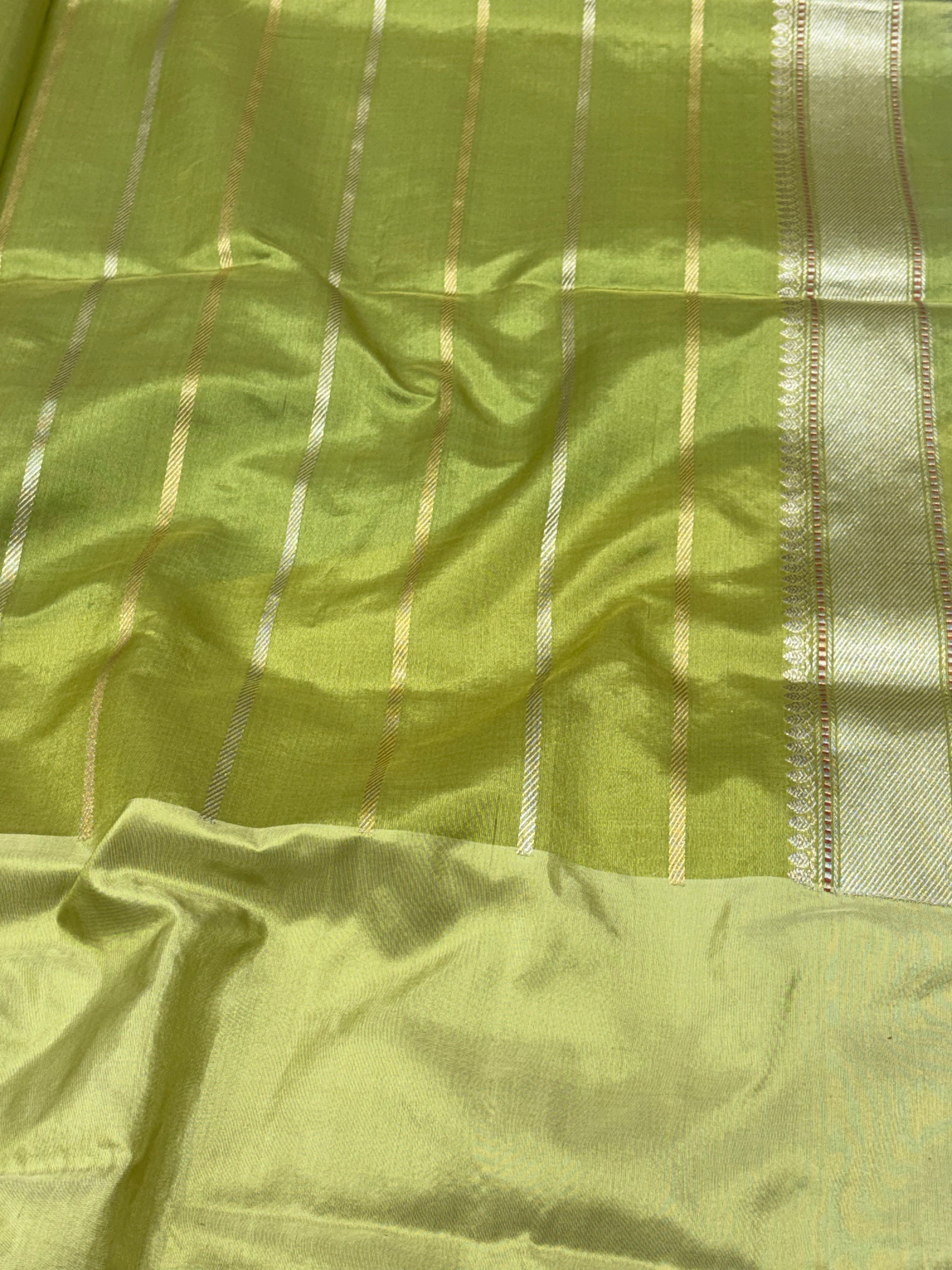 Green Pure Kora Ektara Banarasi Saree with Katan Silk Kadhial Palm Tree Border