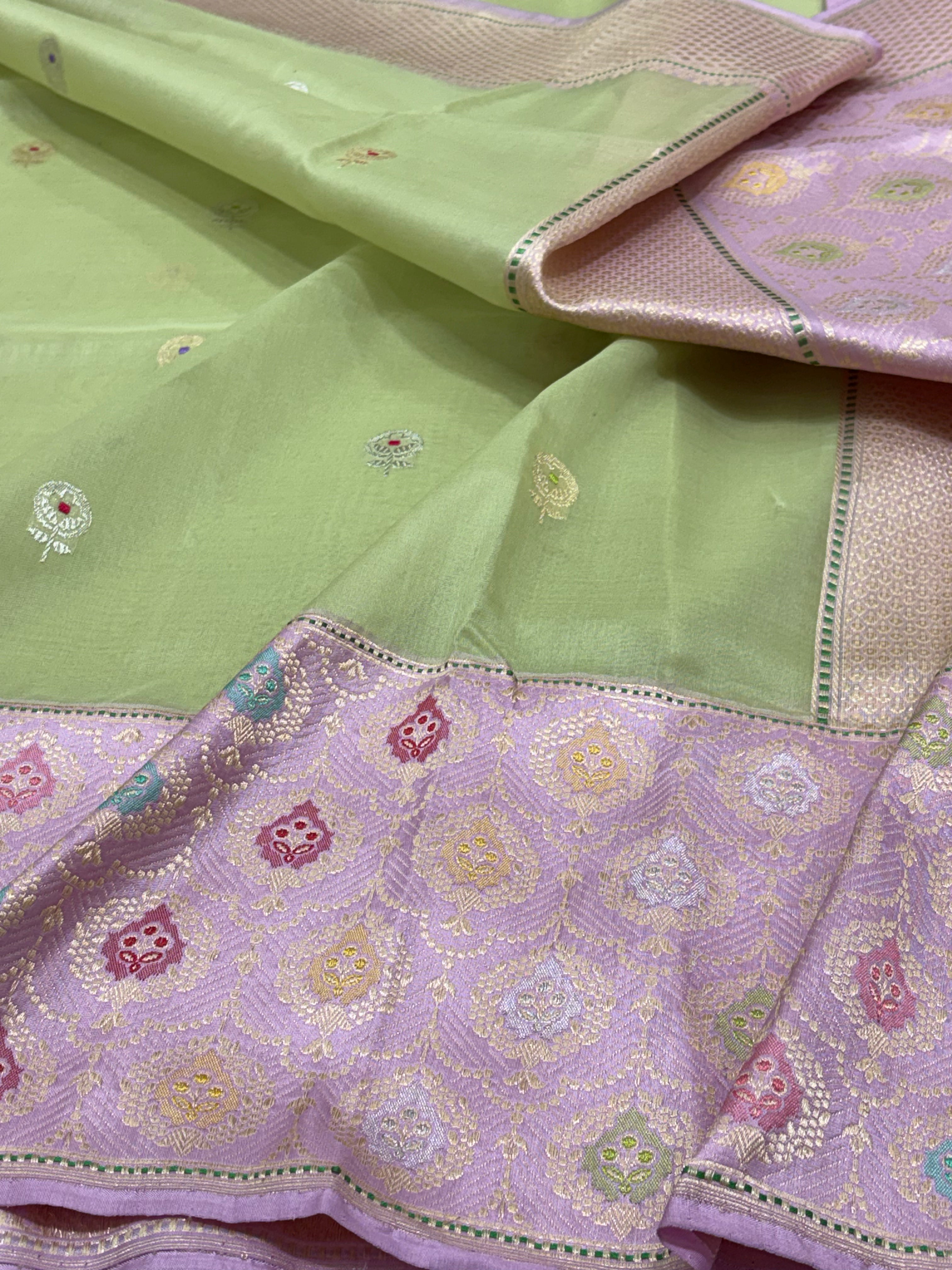 Parrot Green Pure Kora Ektara Handwoven Banarasi Saree with Lavender Katan Silk Border