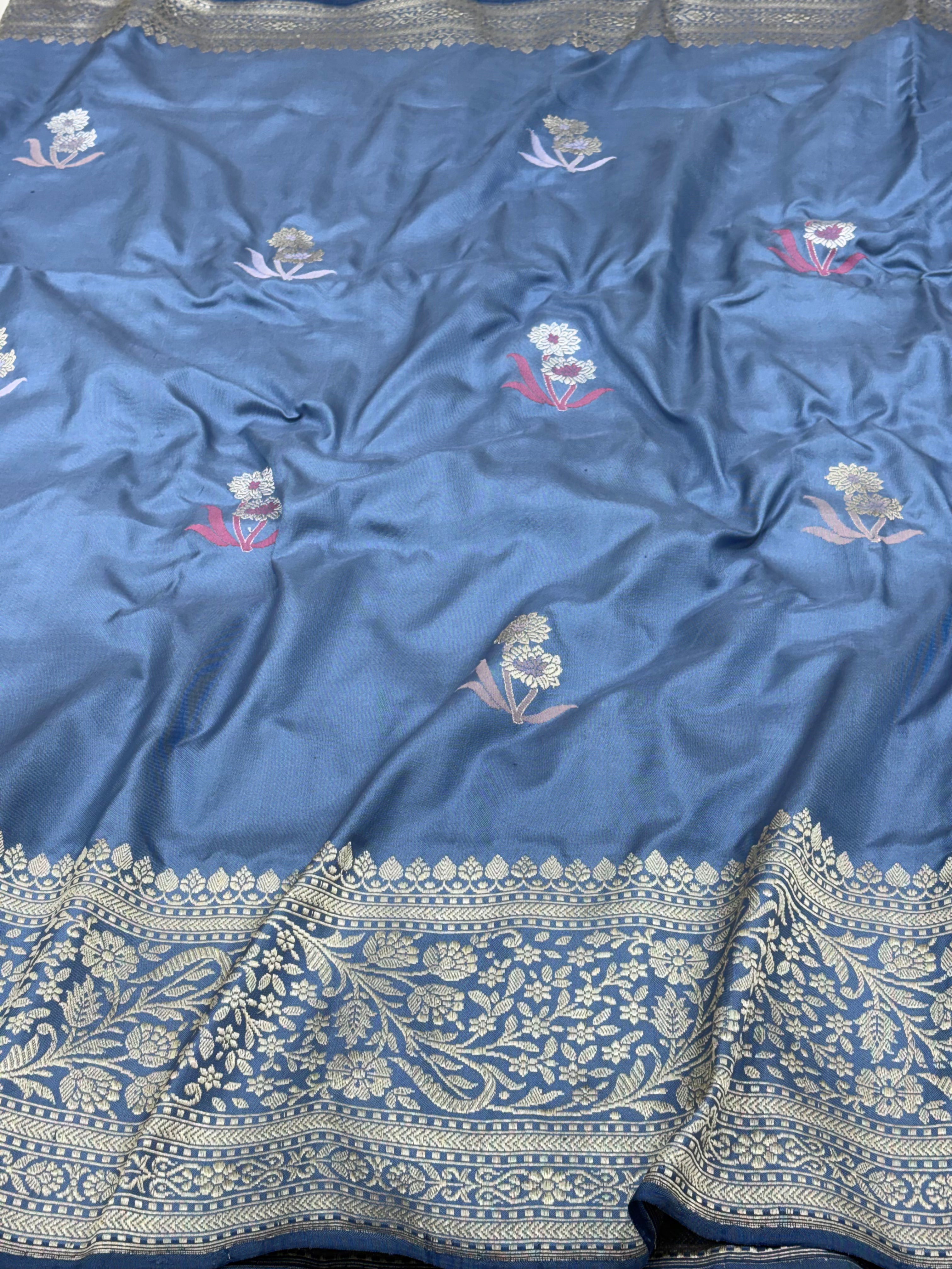 Steel Grey Pure Katan Silk Ektara Banarasi Saree with Big Border
