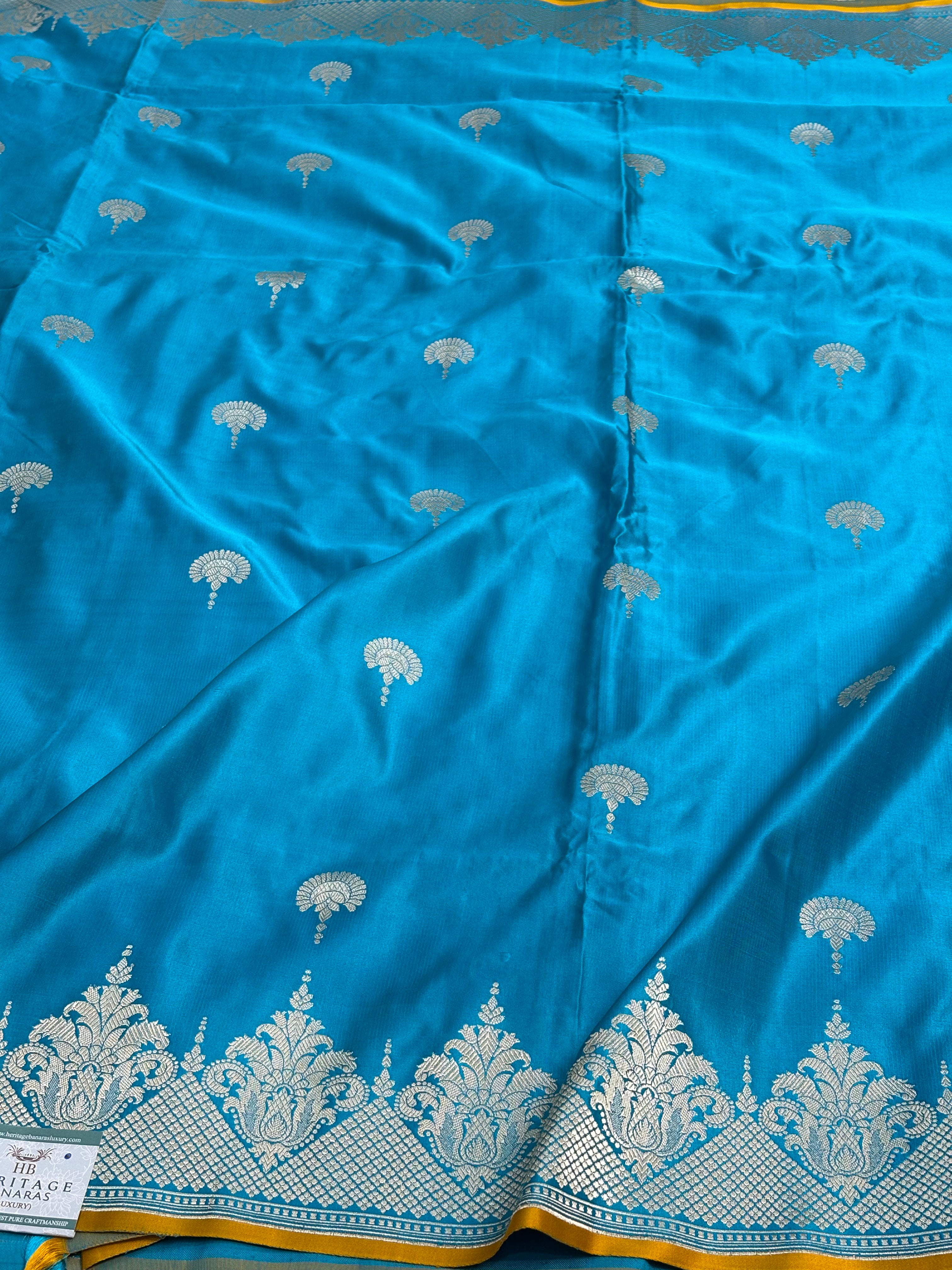 Blue Pure Satin Silk Handwoven Banarasi Saree with Yellow Selvage
