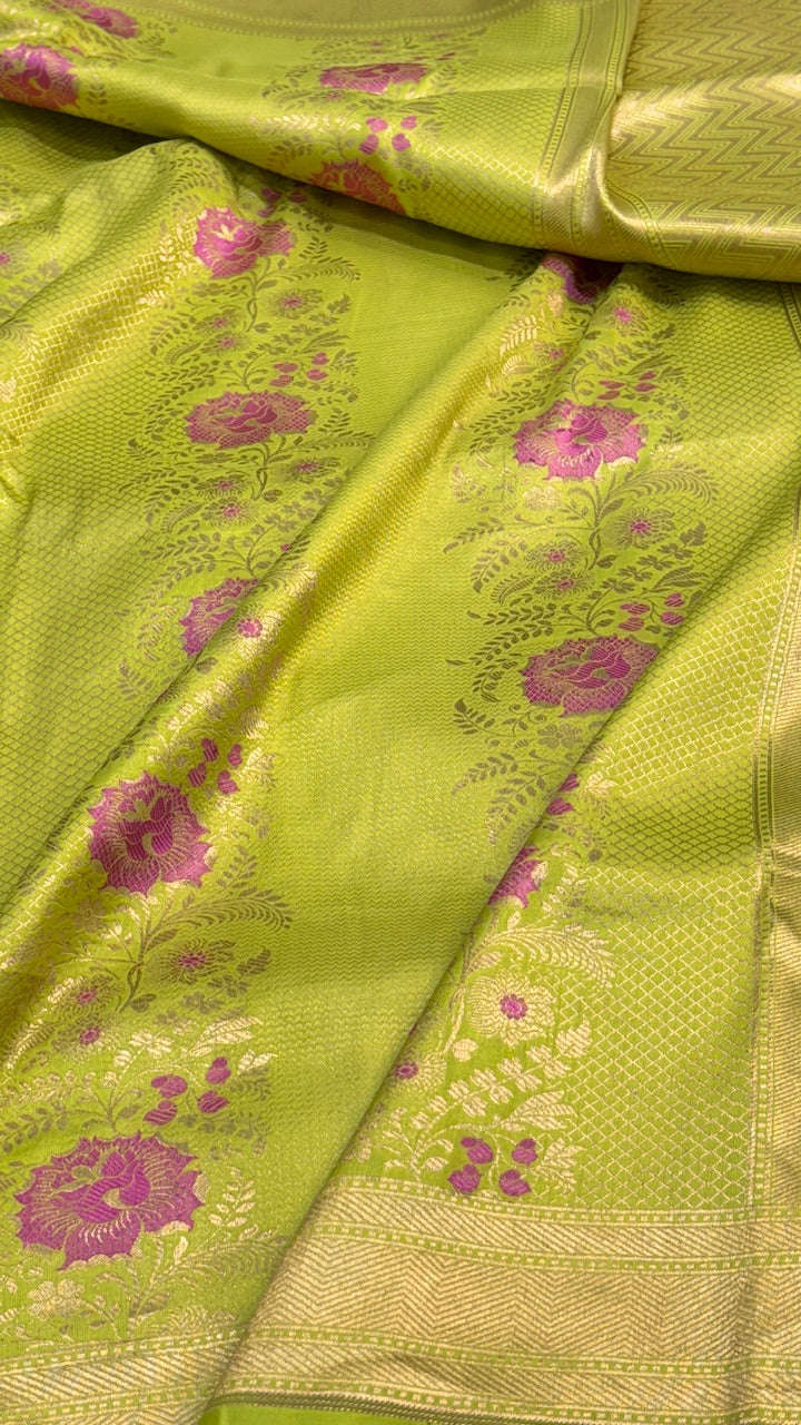 Parrot Green Banarasi Katan Brocade Silk Saree