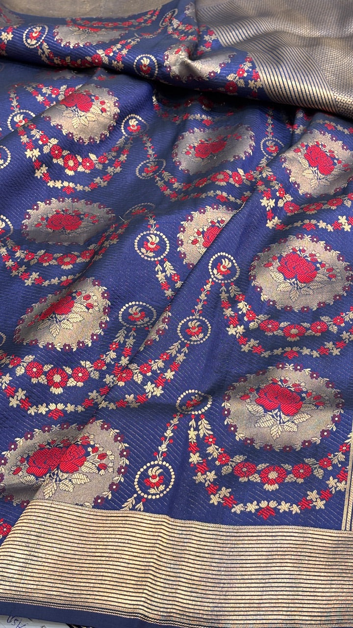 Navy Blue Banarasi Brocade Silk Saree