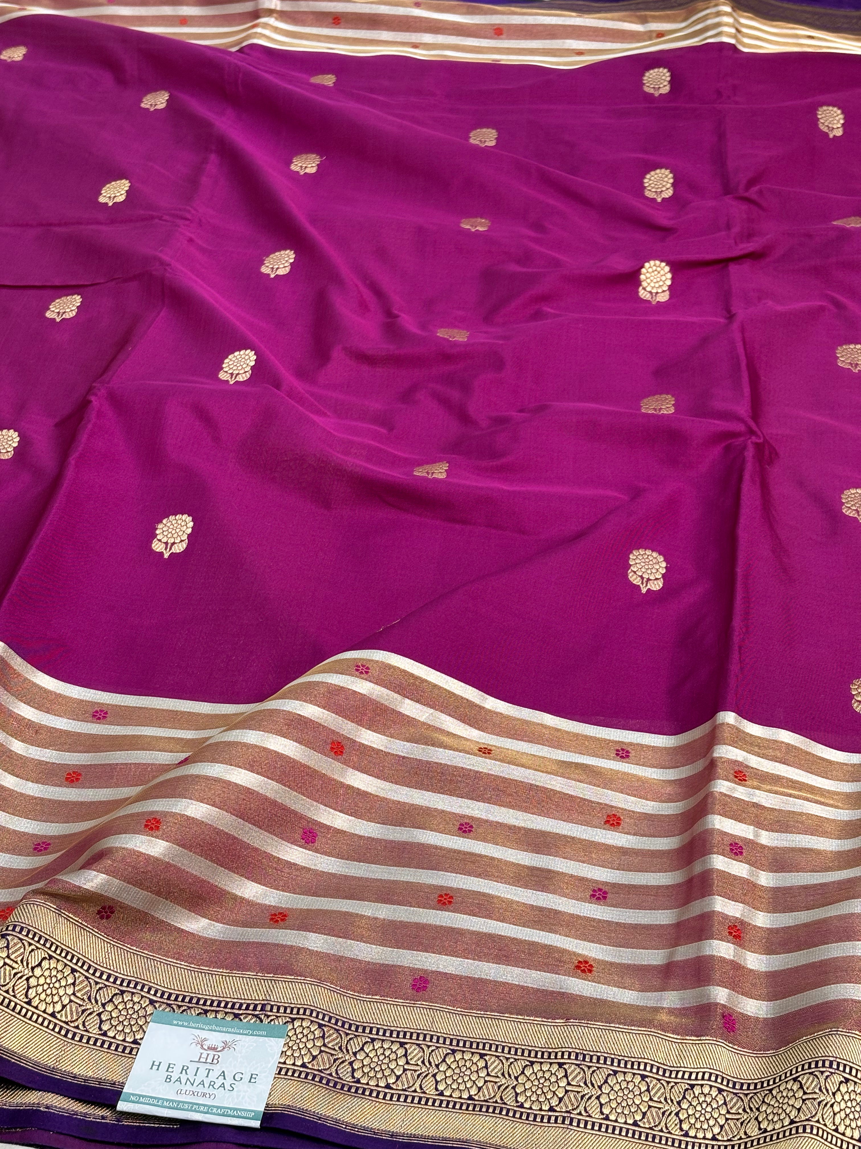 Pure Kora Handwoven Banarasi Saree with Tissue Border and Silver Stripes