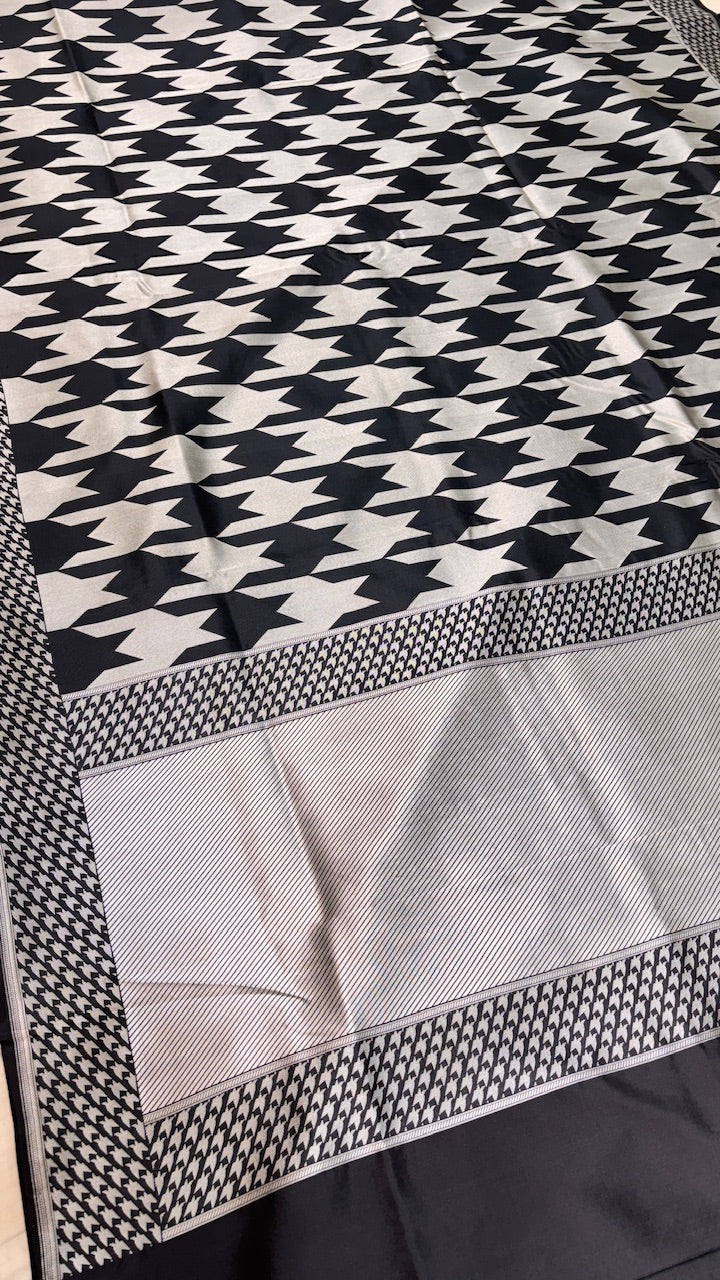 Black and White Banarasi Katan Brocade Silk Saree
