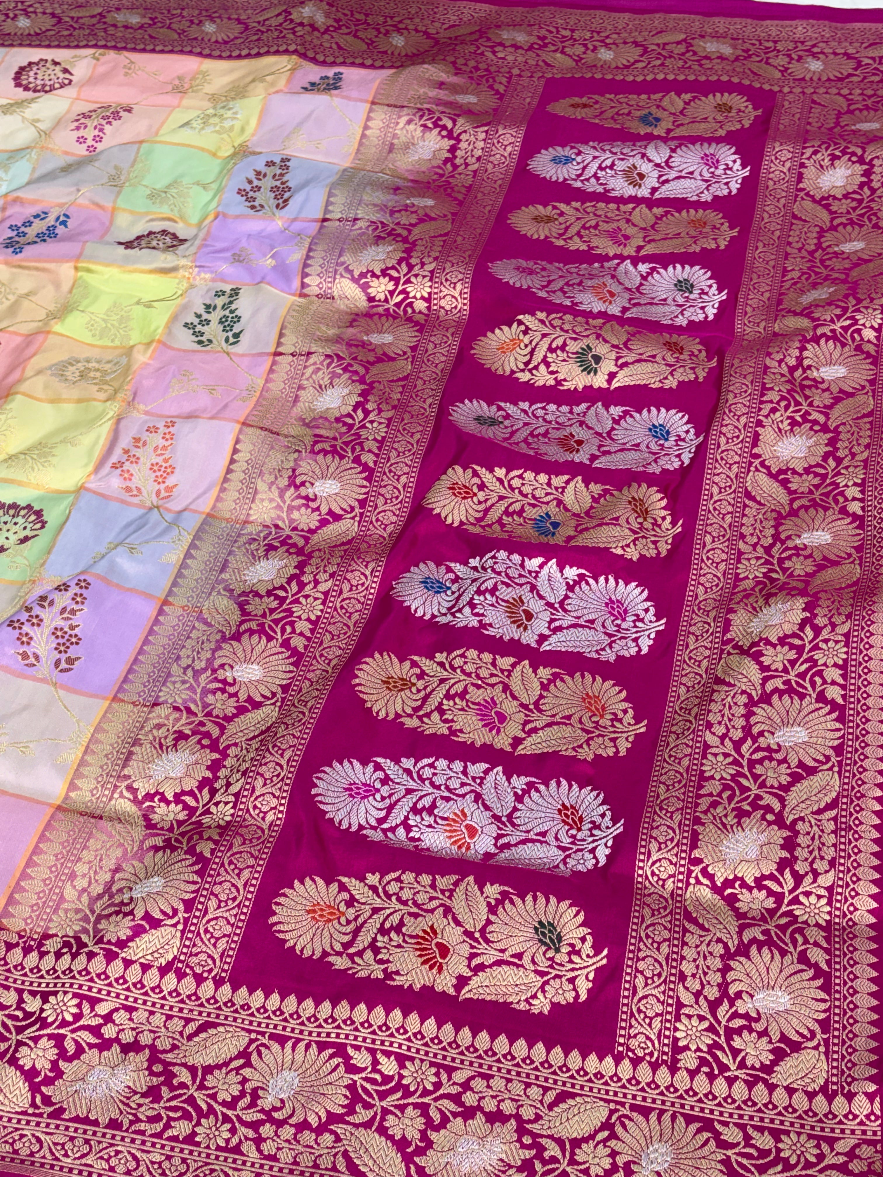 Multicolor Checks Jaal Rankat Pure Katan Silk Banarasi Saree with Kadhial Rupa Sona Border