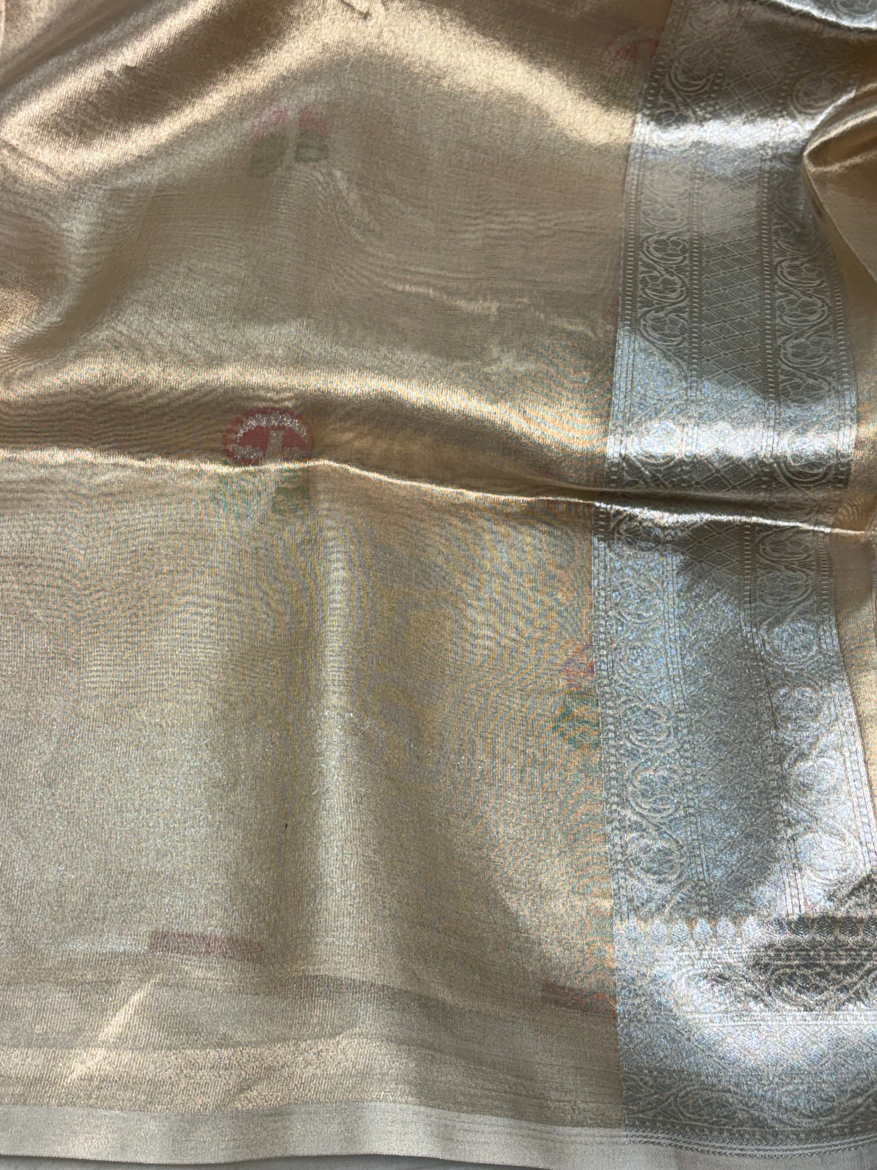 Handwoven Banarasi Tissue Silk Saree with Meenakari Booti and Silver Zari