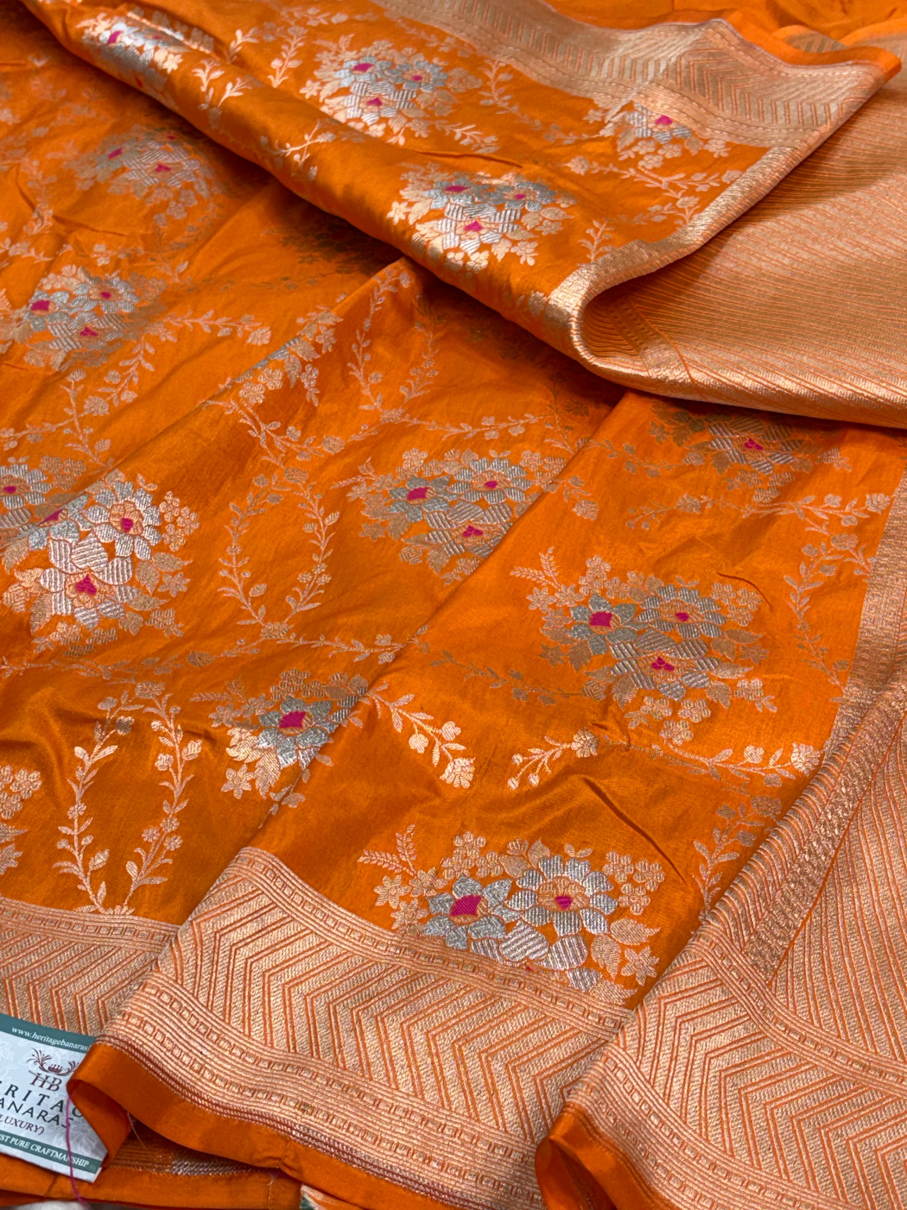 Orange Pure Katan Silk Meenakari Rupa Sona Jaal Cutwork Banarasi Saree