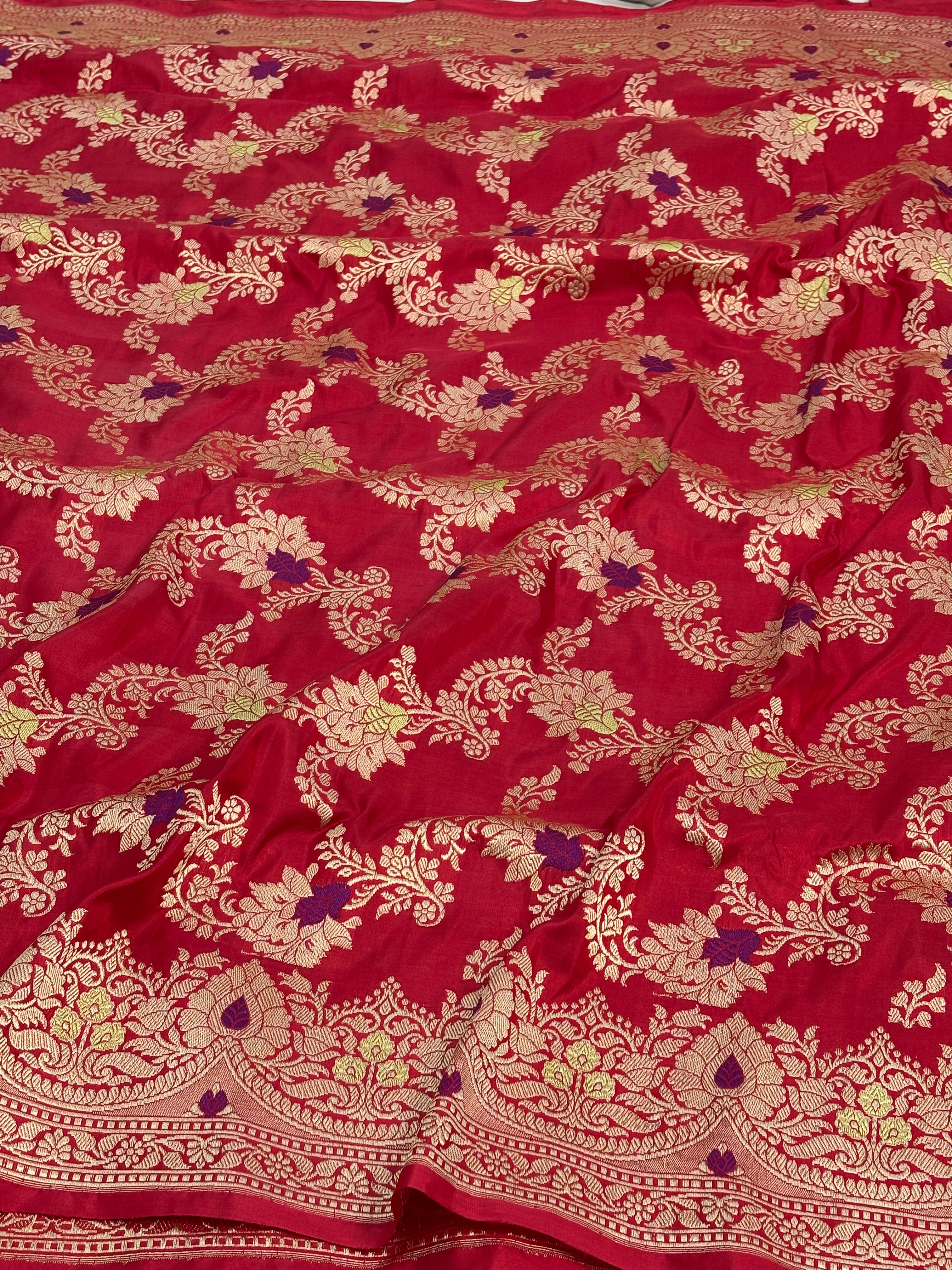 Pure Katan Silk Handwoven Jangla Banarasi Saree with Meenakari Work
