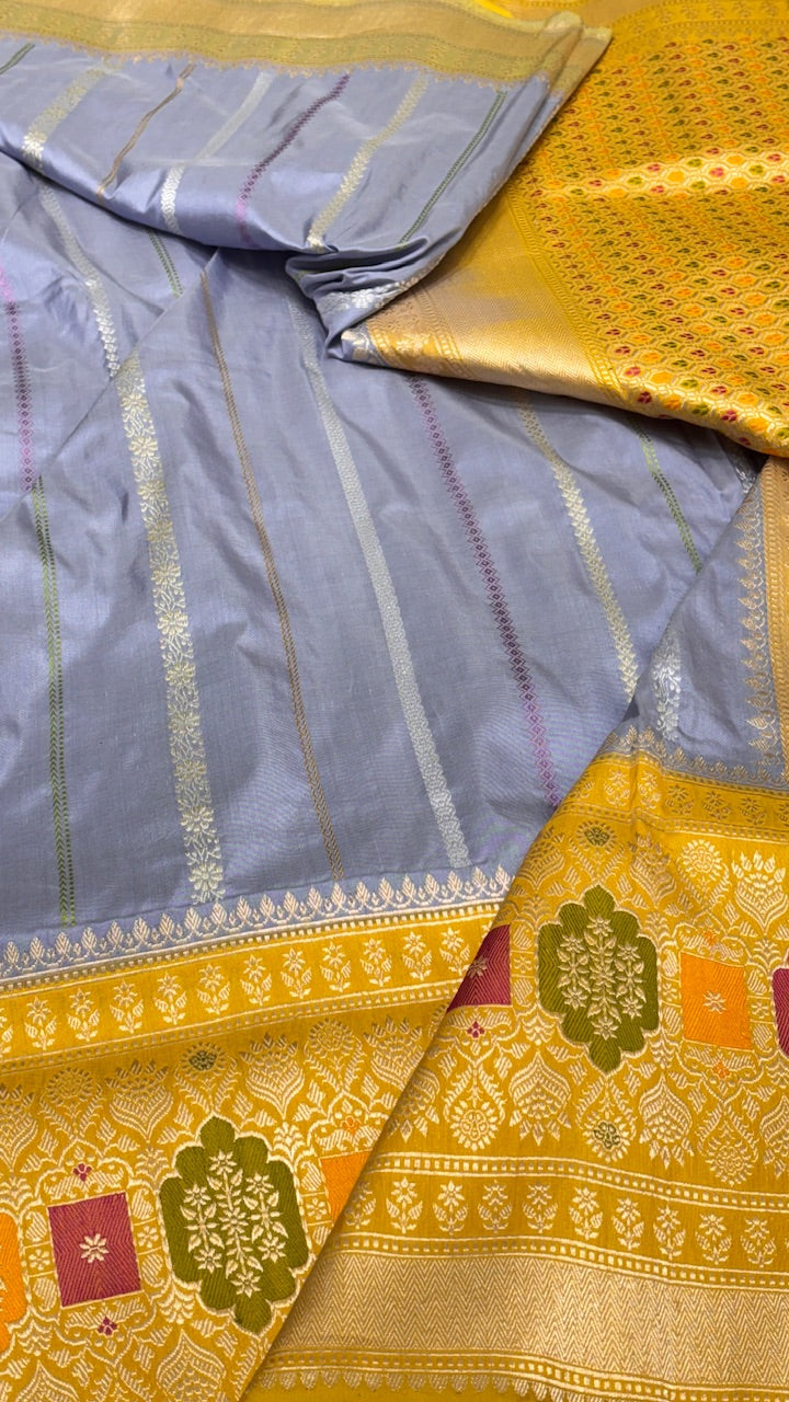 Blue Grey Banarasi Katan Silk Handwoven Saree