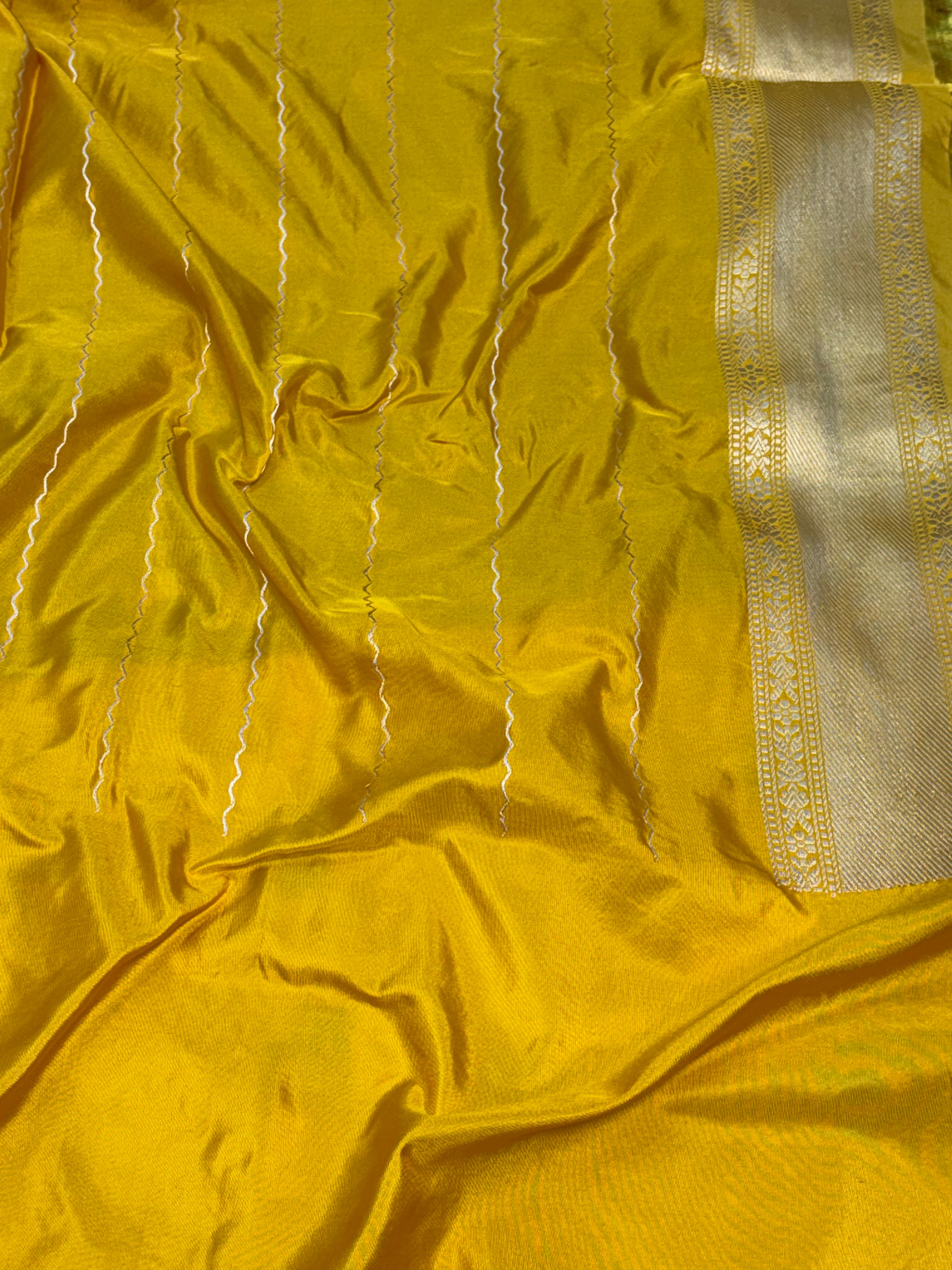 Magenta Pure Katan Silk Banarasi Saree with Yellow Kadhial Meenakari Border