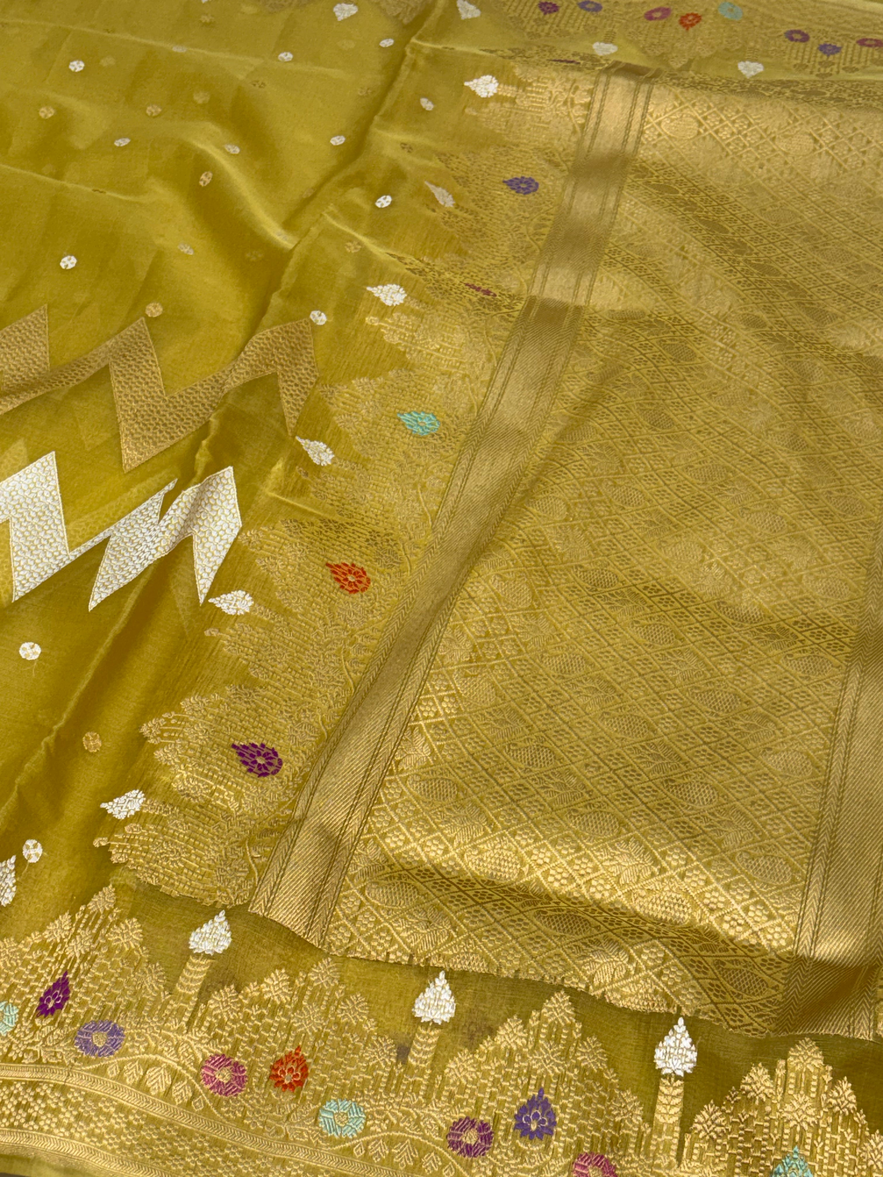 Liril Green Pure Kora Banarasi Saree with Necklace Jaal and Meenakari Border