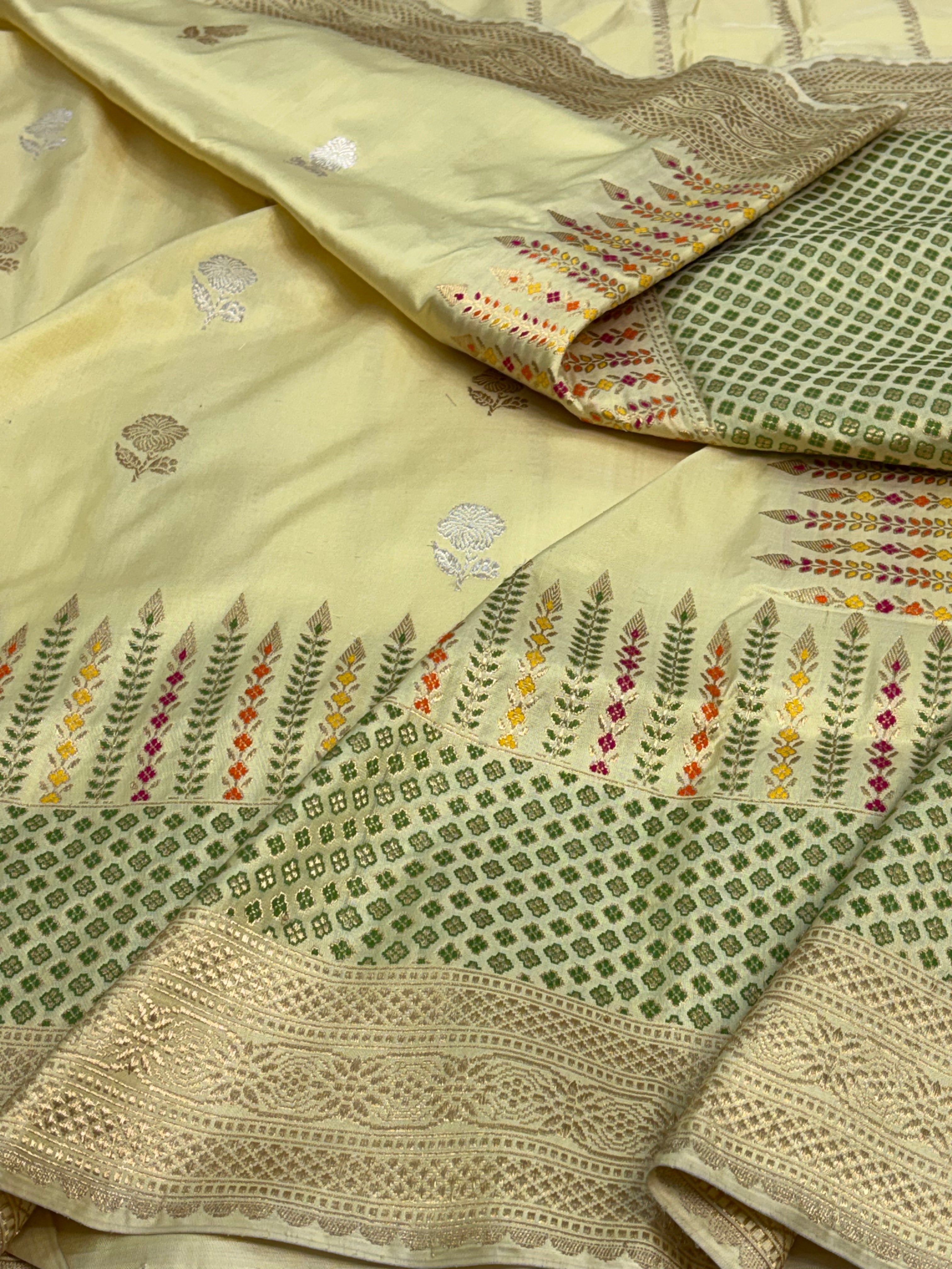 Butter Yellow Pure Katan Silk Banarasi Saree with Meenakari Skirt Border