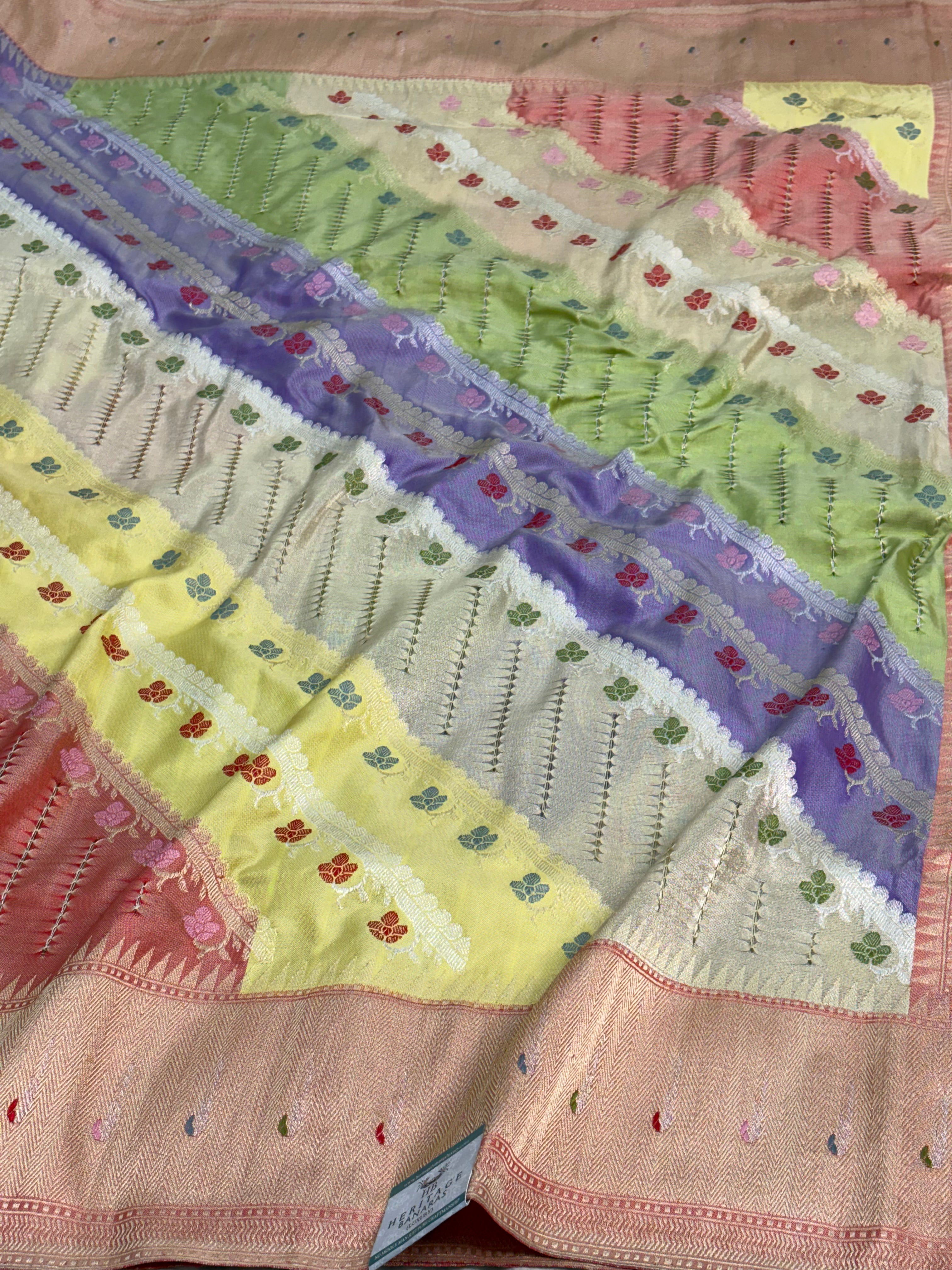 Pastel Pure Tissue Katan Silk Ektara Rangkat Banarasi Saree with Gaath Work